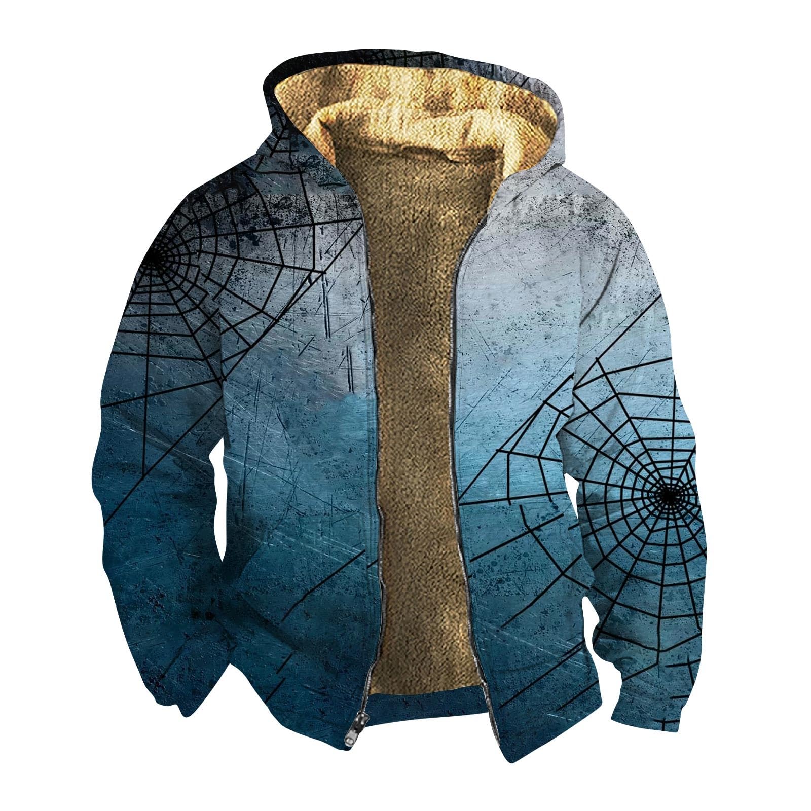 StrungtenWinter Jackets For Men Pattern Print Full Zip Fleece Jacket Warm Work Jackets Cycling Jacket Stylish Lumberjack Jacket With Hood Plus Size Hiking Jacket Hooded Jackets Loose Running Jacket