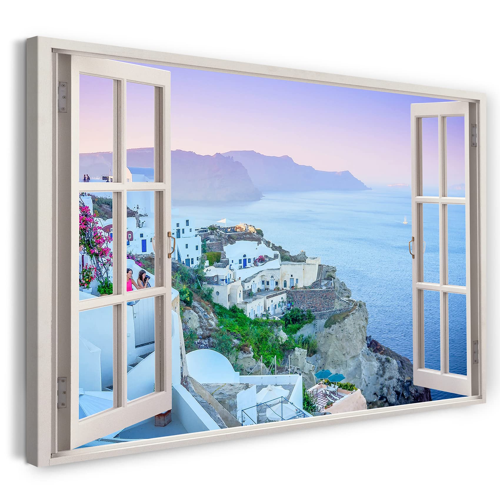 Print on Canvas (80x60 cm) view from the window - Greece sea view white buildings - nature photography, real wood frame with hook
