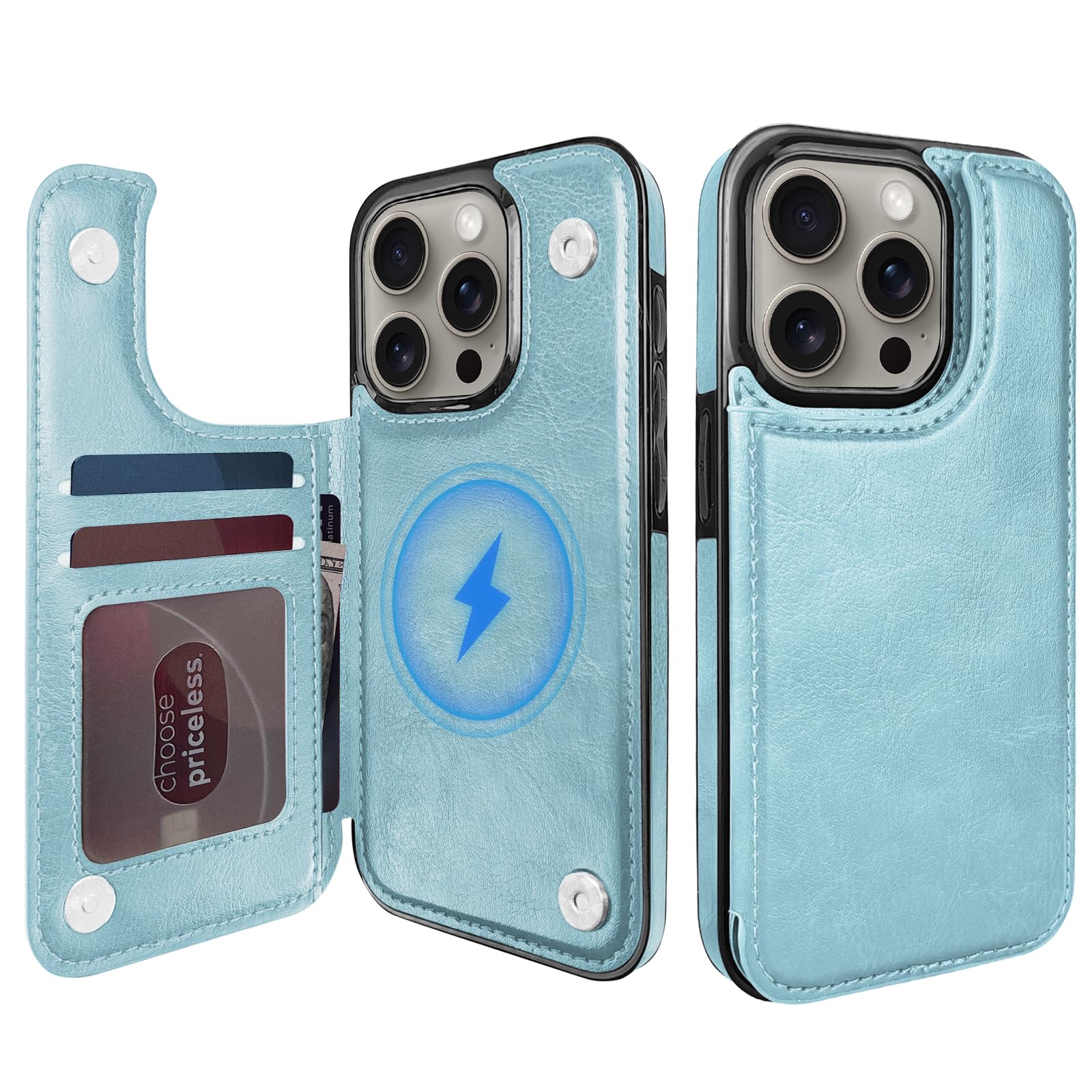 TopPerfekt Wallet Case for iPhone 15 Pro 6.1", Compatible with MagSafe, Wireless Charging, Leather Card Holder Kickstand Protective Cover Magnetic