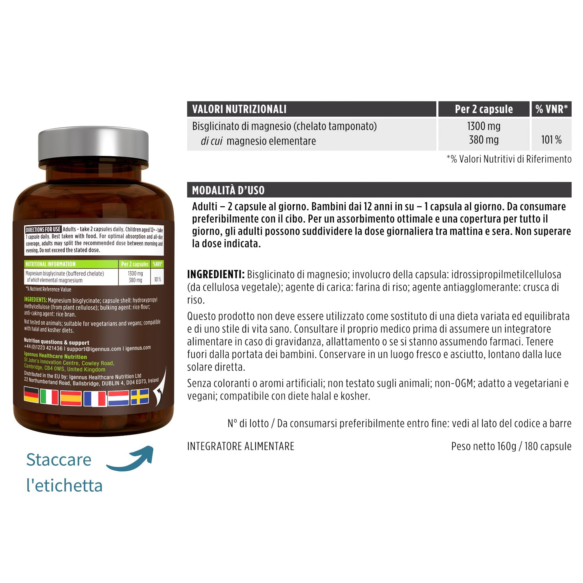 Igennus Magnesio Glicinato Chelato 380mg, 180 Capsule (3 Mesi), Bisglicinato Puro ad Alto Assorbimento, Delicato sullo Stomaco, Supporta Sonno, Muscoli e Sistema Nervoso, Ingredienti Puri e Vegani