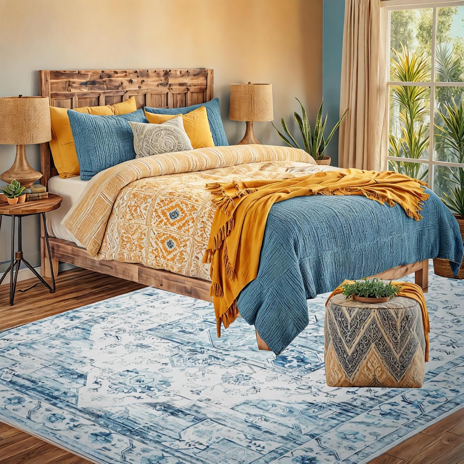 Washable 5x7 Area Rug - Living Room Large Rug Stain Resistant Carpet Vintage Carpet Bedroom Non-Slip Backing Home Decor Floor Decor Mat,Light Blue