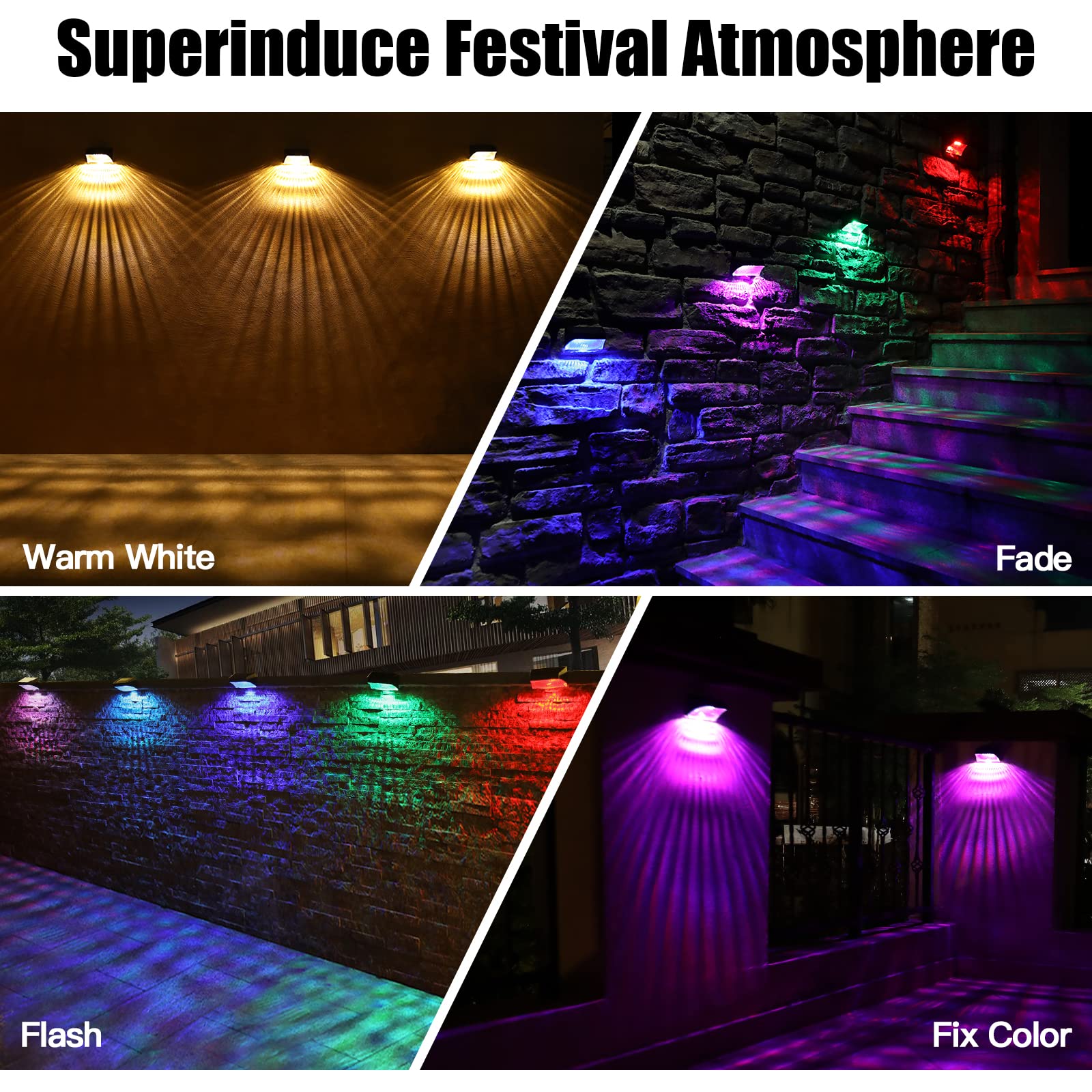 Solar Fence Lights, FabStyl 10 Working Mode Solar Deck Lights Outdoor Step Lights Waterproof LED Solar Wall Lights for Stair, Deck, Patio, Garden, Wall, Swimming Pool, Yard, Post (Black, 8 Pack Plus) 4