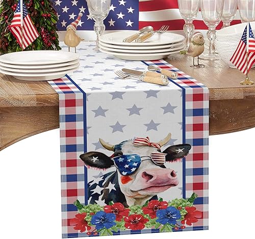 Camino de mesa del 4 de julio, Día de la Independencia, linda vaca, floral, rojo y azul, decoración para mesa de cocina, cenas familiares, fiestas