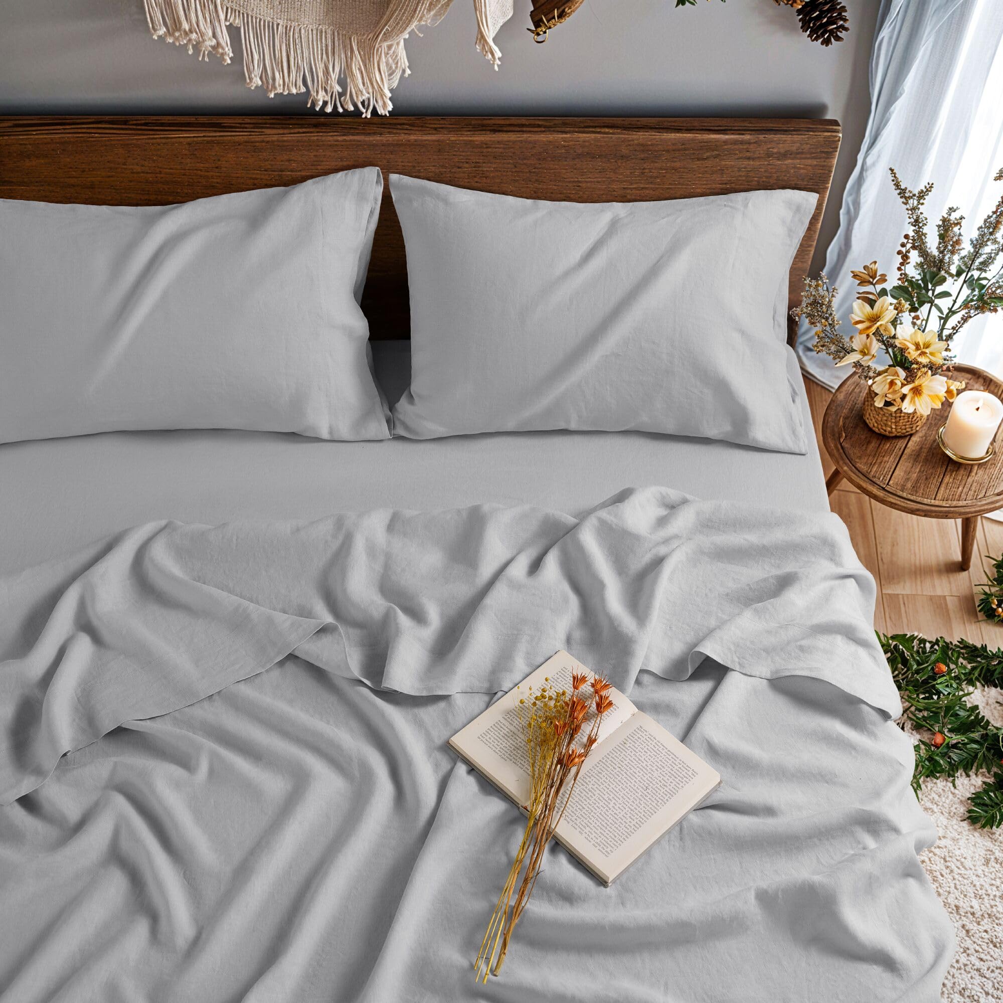 100% Linen Sheet Set Breathable Natural Linen Sheets 4Pcs Full Size, Bedding Set Deep Pocket Up to 16" Soft Sheet