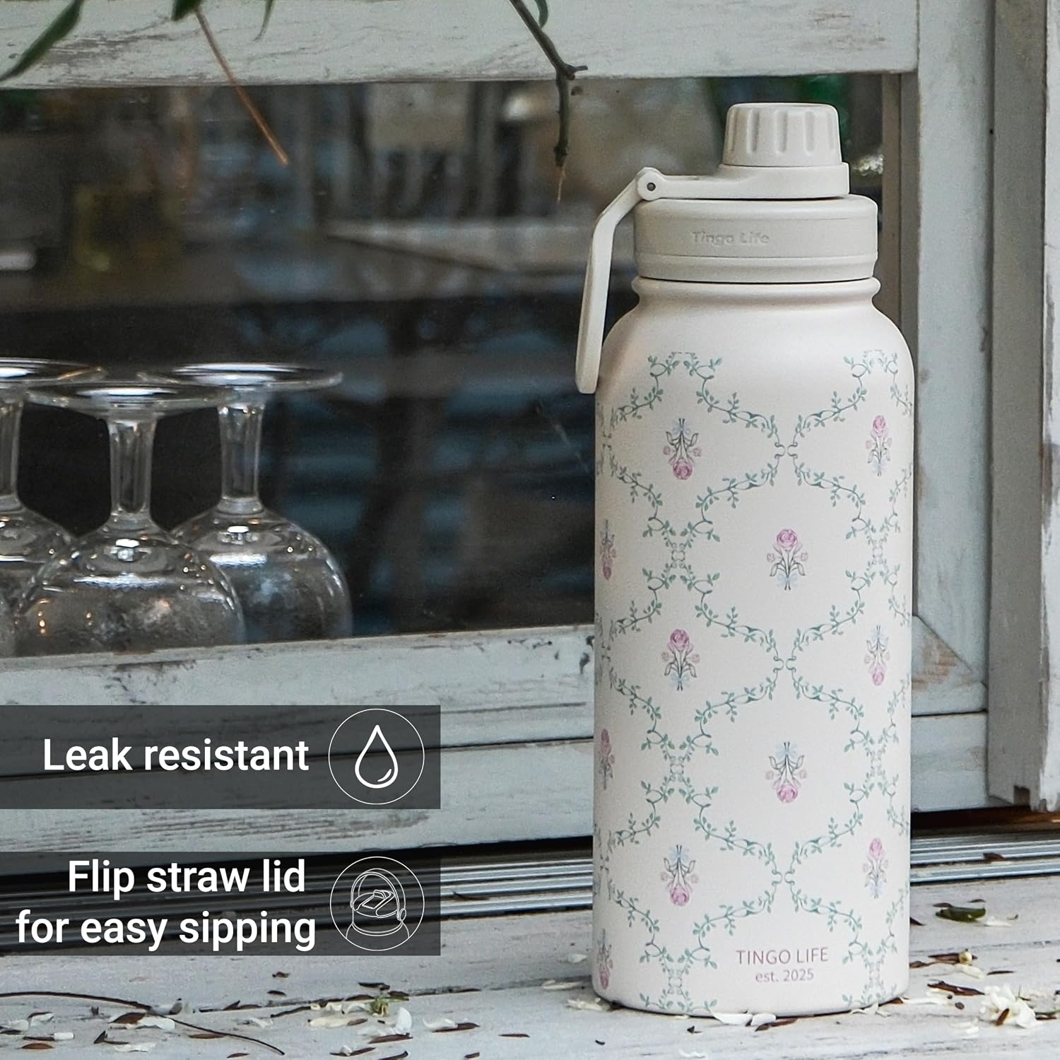32oz Insulated Stainless Steel Cute Water Bottle - 2 Lids Included (Straw + Spout Lids), Leakproof BPA-Free, vintage Victorian Vine Design, Perfect Gym/Yoga/Office Companion