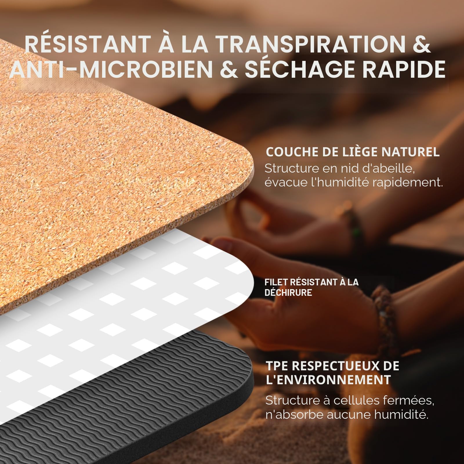 Tapis De Yoga en Liège Naturel 100% Tapis d'exercice Ecologique Haute Densité183X61Cm avec Sangle De Transport pour La Maison, Le Pilates,Le Gymnase Et L'Entraînement