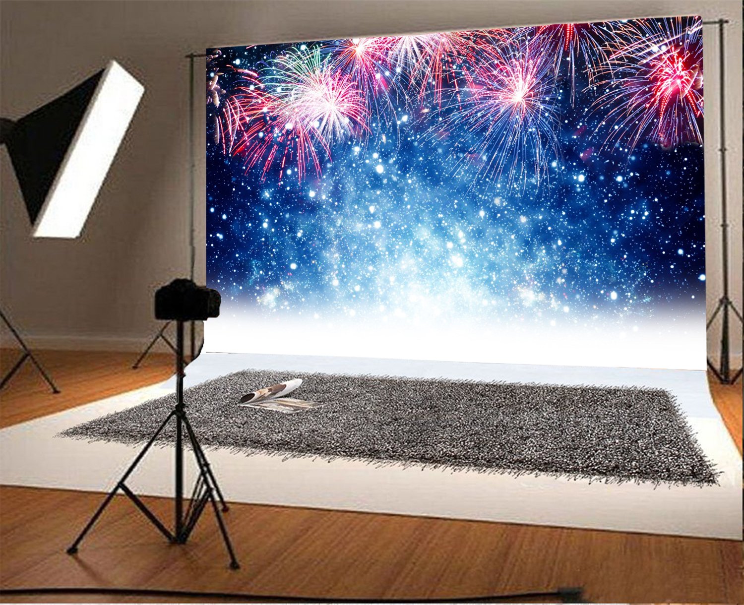 Laeacco 7x5ft 2024 New Year Backdrop Blue Starry Sky Fireworks Photography Backdrop Christmas New Year Eve Party Festival Celebration Background Winter Snowflake Children Baby Adults Portraits Studio