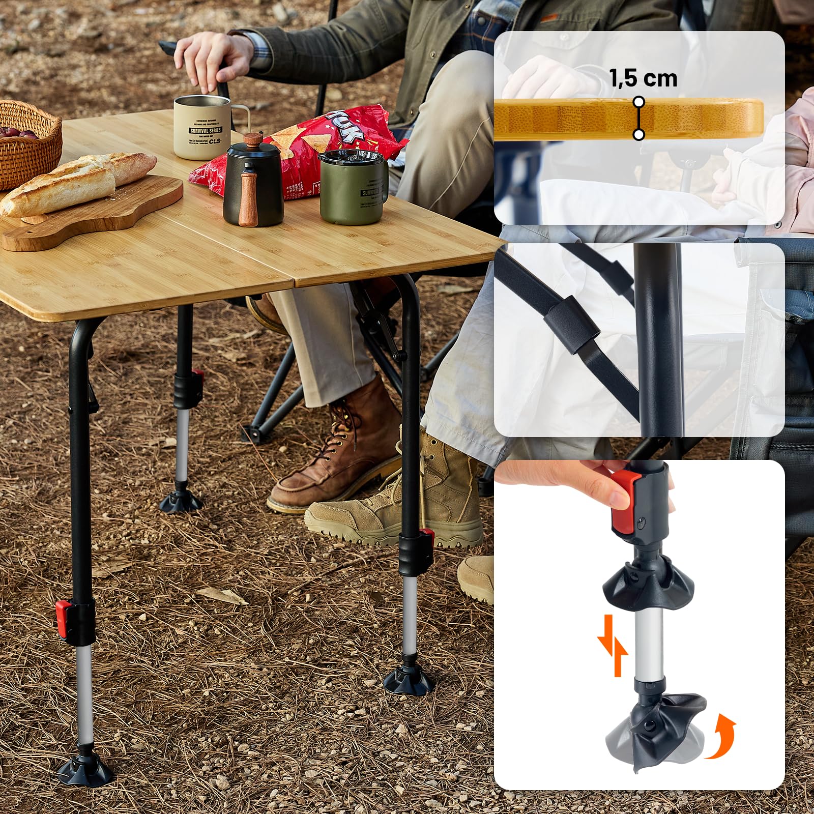 TIMBER RIDGE Campingtisch Klappbar Bambus Klapptisch Höhenverstellbar 53-70cm Aluminiumrahmen Gartentisch mit Tragetasche 100x70 cm für Garten Picknick Balkon Wohnmobil