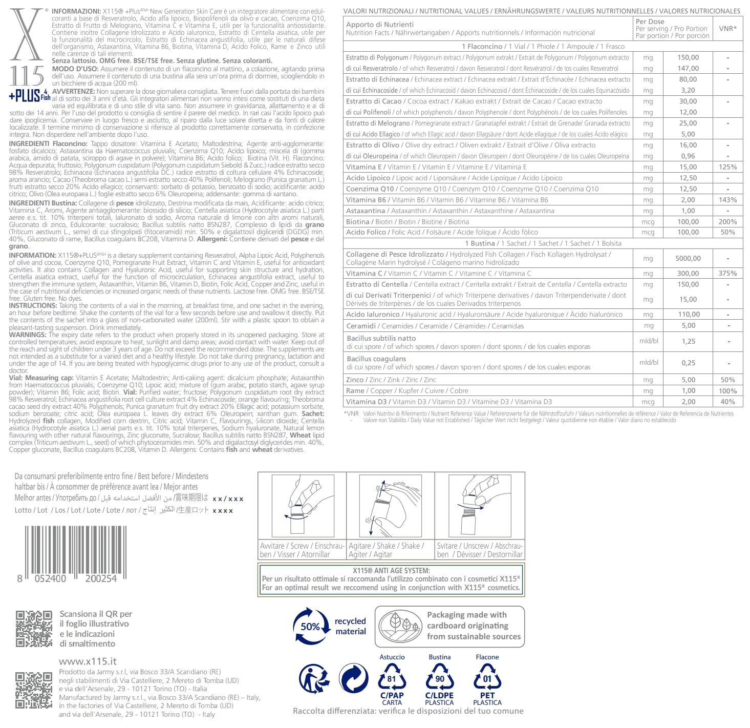 X115+PLUS 4 FISH | Collagene + Acido Ialuronico | Integratore per la Pelle Con Ceramidi, Probiotici, Polifenoli, Vitamine e Antiossidanti | Doppia formula Day & Night | 15 Flaconcini + 15 Bustine