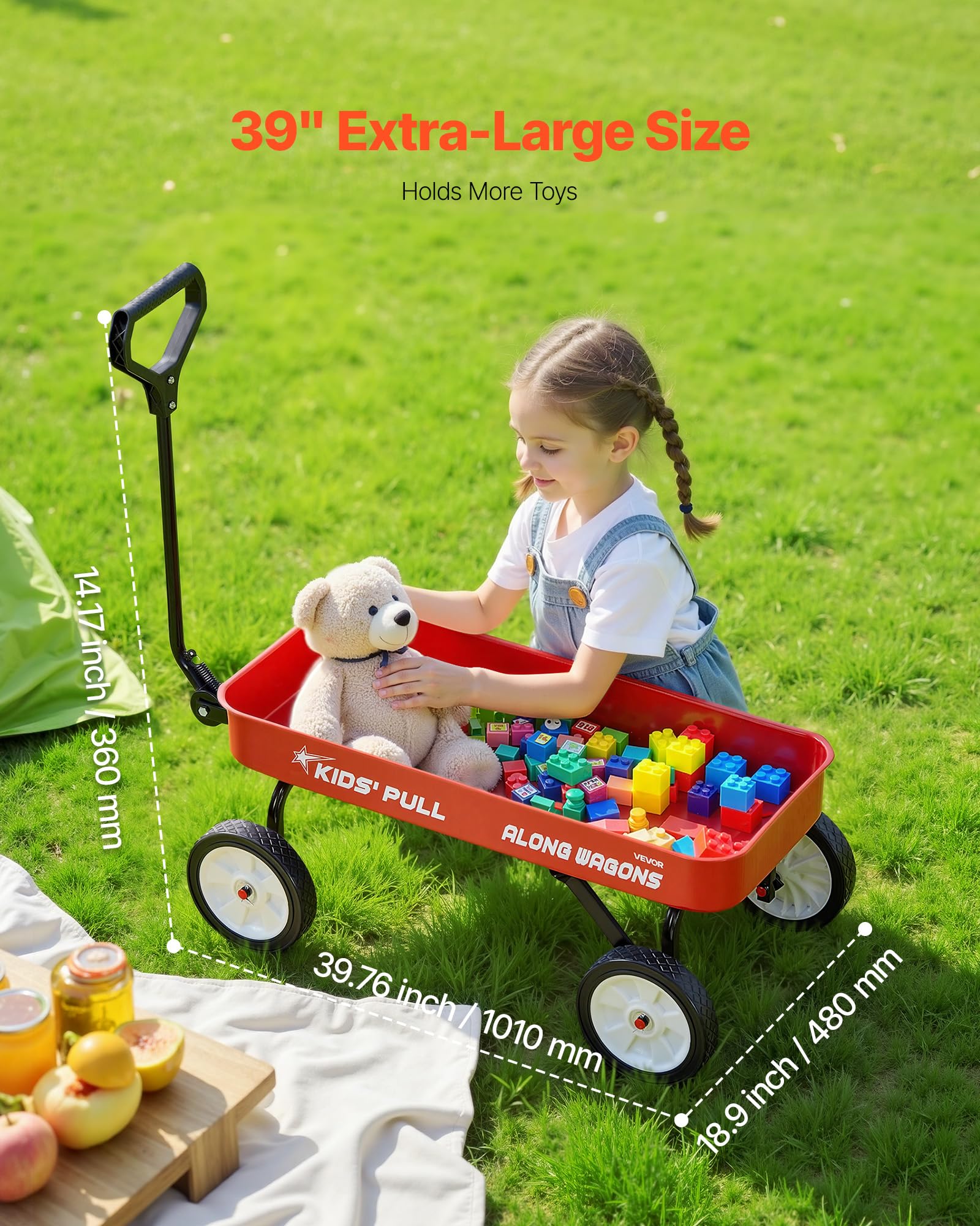 VEVOR Chariot à Tirer Enfants 101 cm Chariot Tout-Terrain Tout-Petits Métal, Charge 80 kg, pour Cadeau d'anniversaire Enfants, Jardinage, Plage, Camping, Aventures en Plein Air, avec Poignée, Rouge