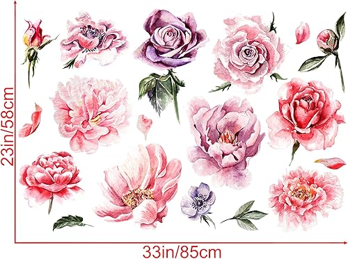 Miniatura 2 de Amaonm - Calcomanías de pared removibles en 3D con flores de peonía rosa y rojas con plantas verdes, calcomanías de pared, calcomanías de pared para