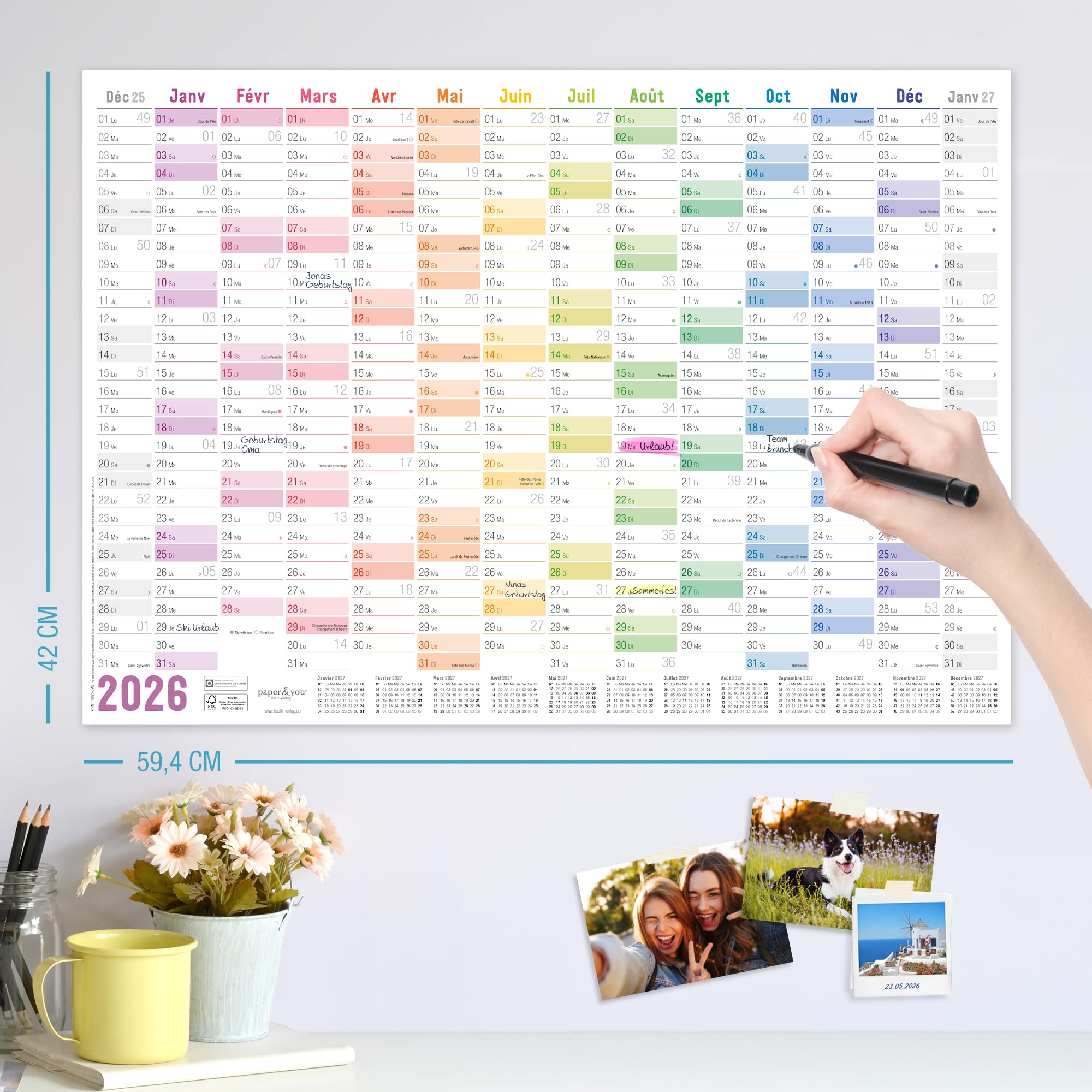 Calendrier mural 2026 A2 français 14 mois déc 2025 jan 2027 jours fériés France