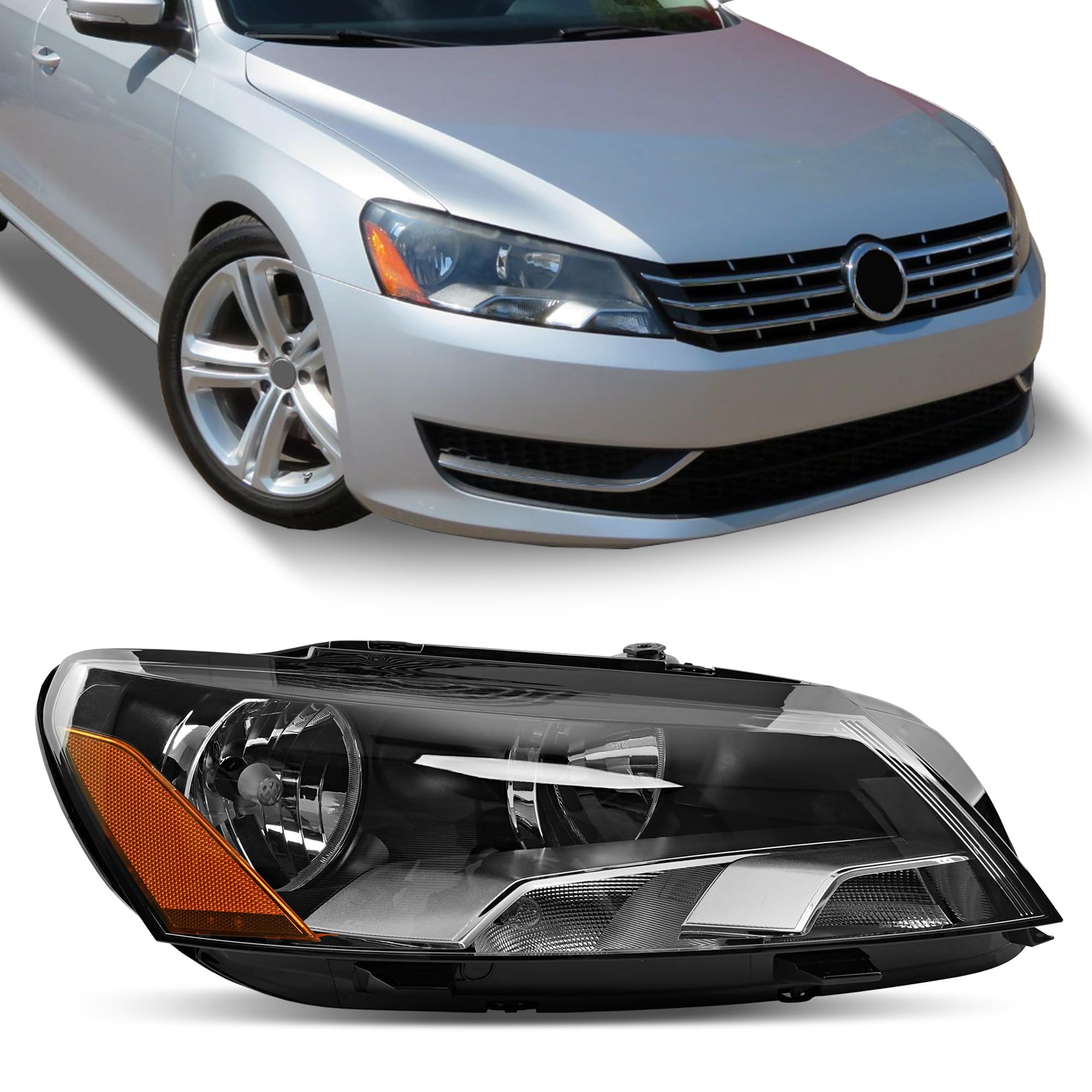 Headlights Assembly - Chrome Housing Headlamps Compatible with Volkswagen VW Passat 2012-2015 - Replacement for 561941006D, 3411131RAS2, and VW2503148 - Passenger Side RH Passenger Side Headlights (RH)