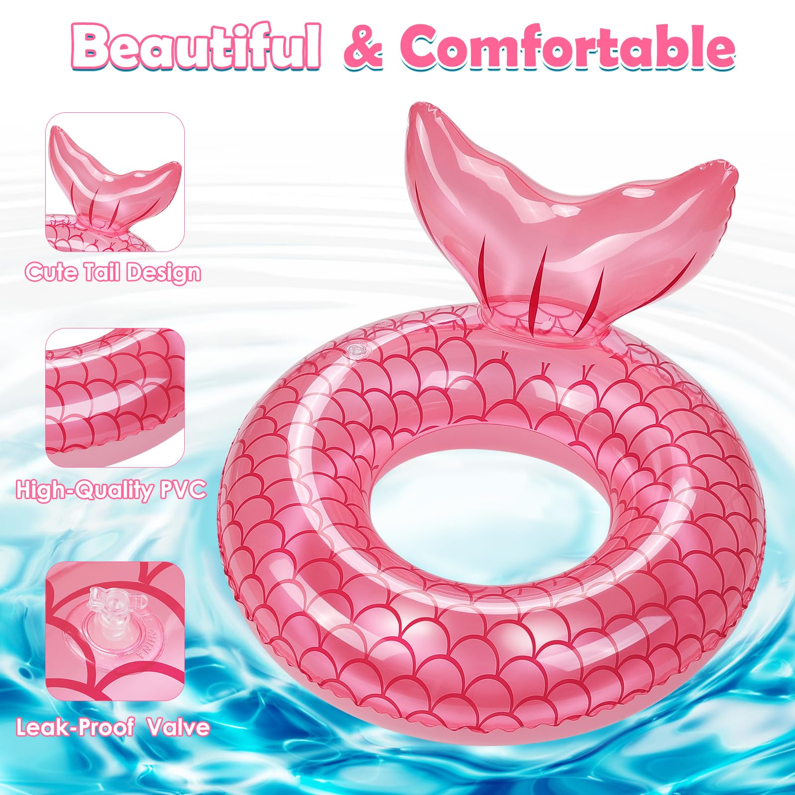 HeySplash Pool Inflatables for Kids Mermaid Inflatable Pool Toys Rubber Ring, Cute Swimming Float Tube - Image 3