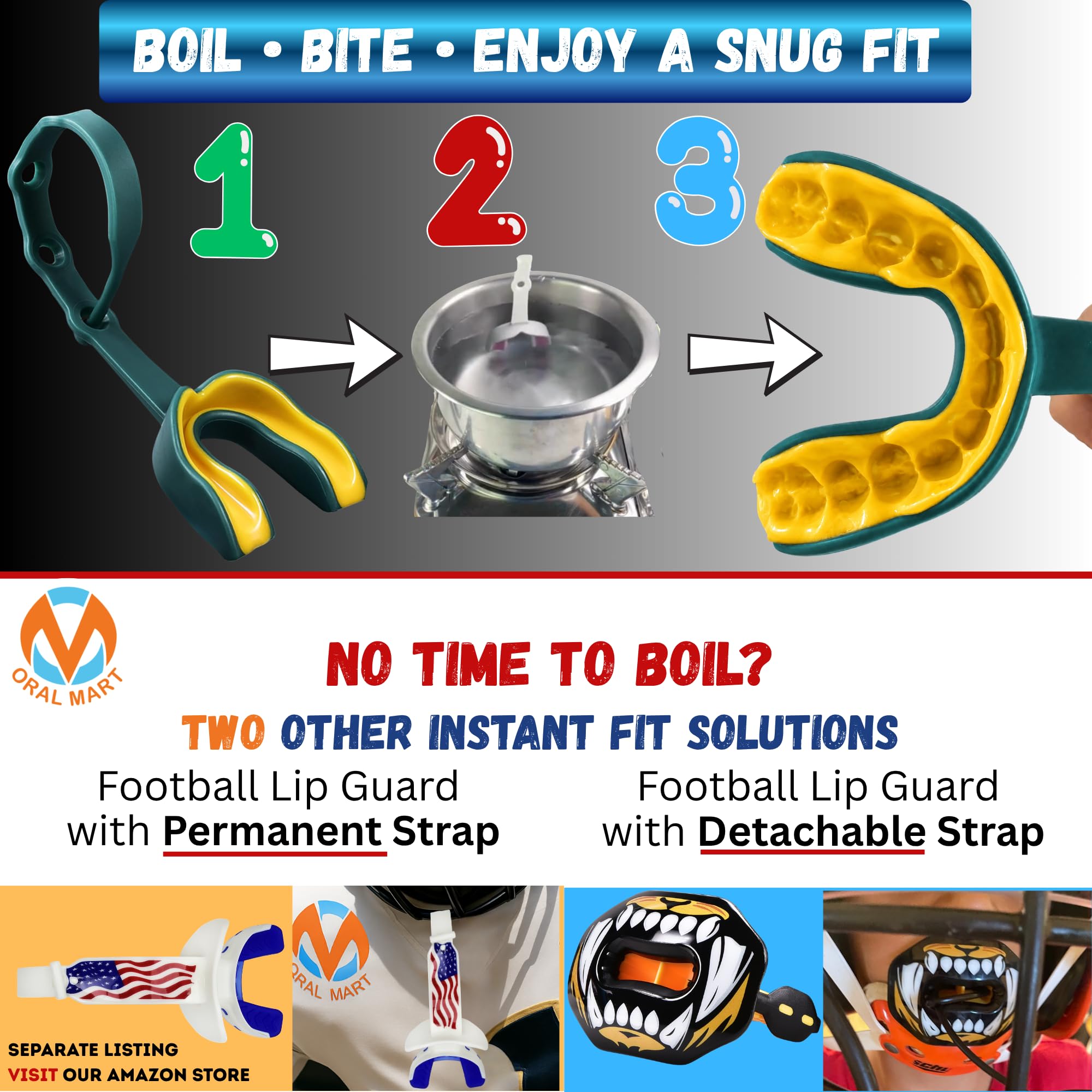 Oral Mart Strapped Mouth Guard dla dorosłych (zielony/żółty) - sportowy ochraniacz na zęby z połączonym paskiem do piłki nożnej, hokeja na lodzie, lacrosse, taekwondo