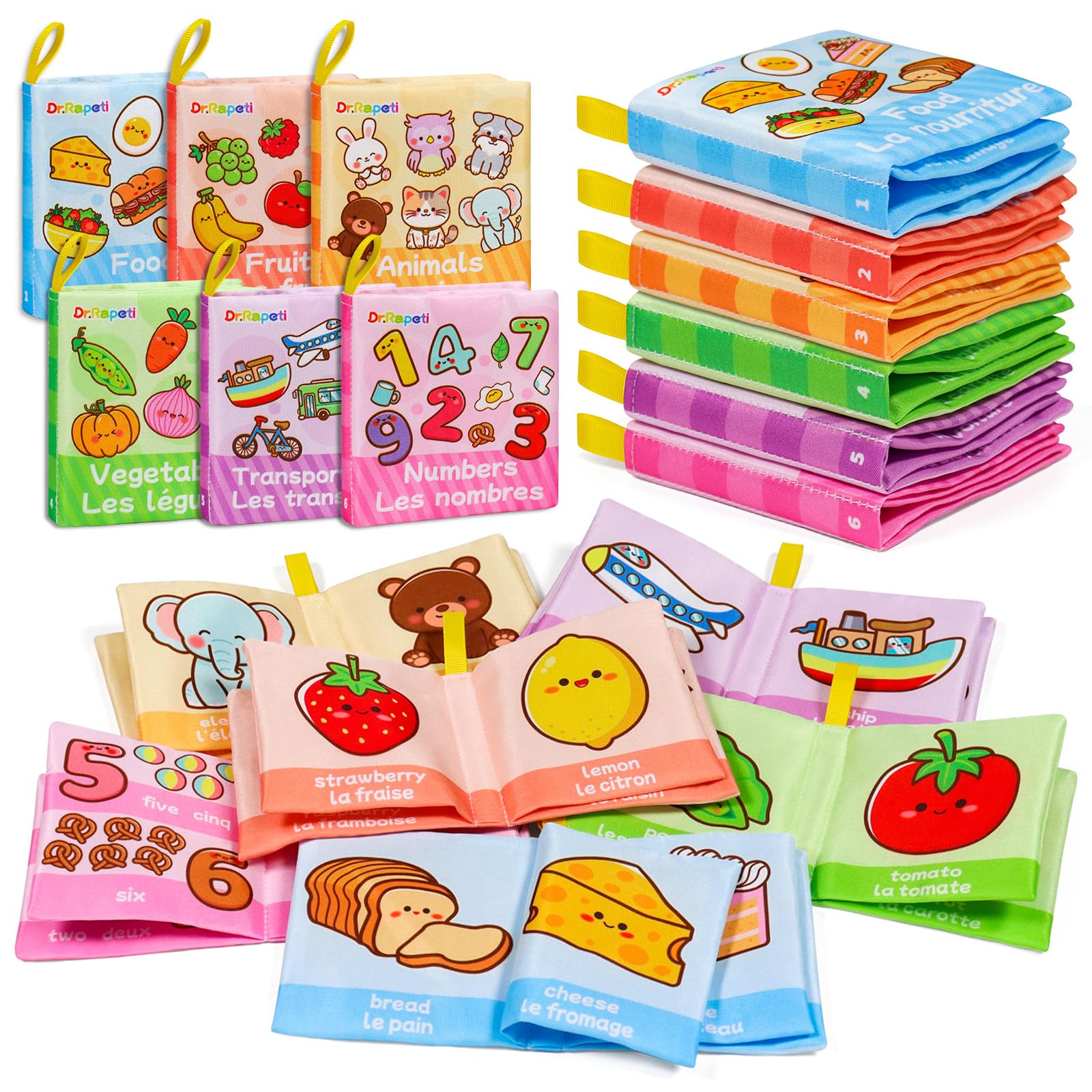 Dr.Rapeti Lot de 6 Livre Bebe en Tissu Doux n Français, Livres D'éveil, Livres en Tissu Doux pour bébé, Jouet Educatif Sonore Book, Bebe Livre Sensoriel pour Enfants Bambin Bébé
