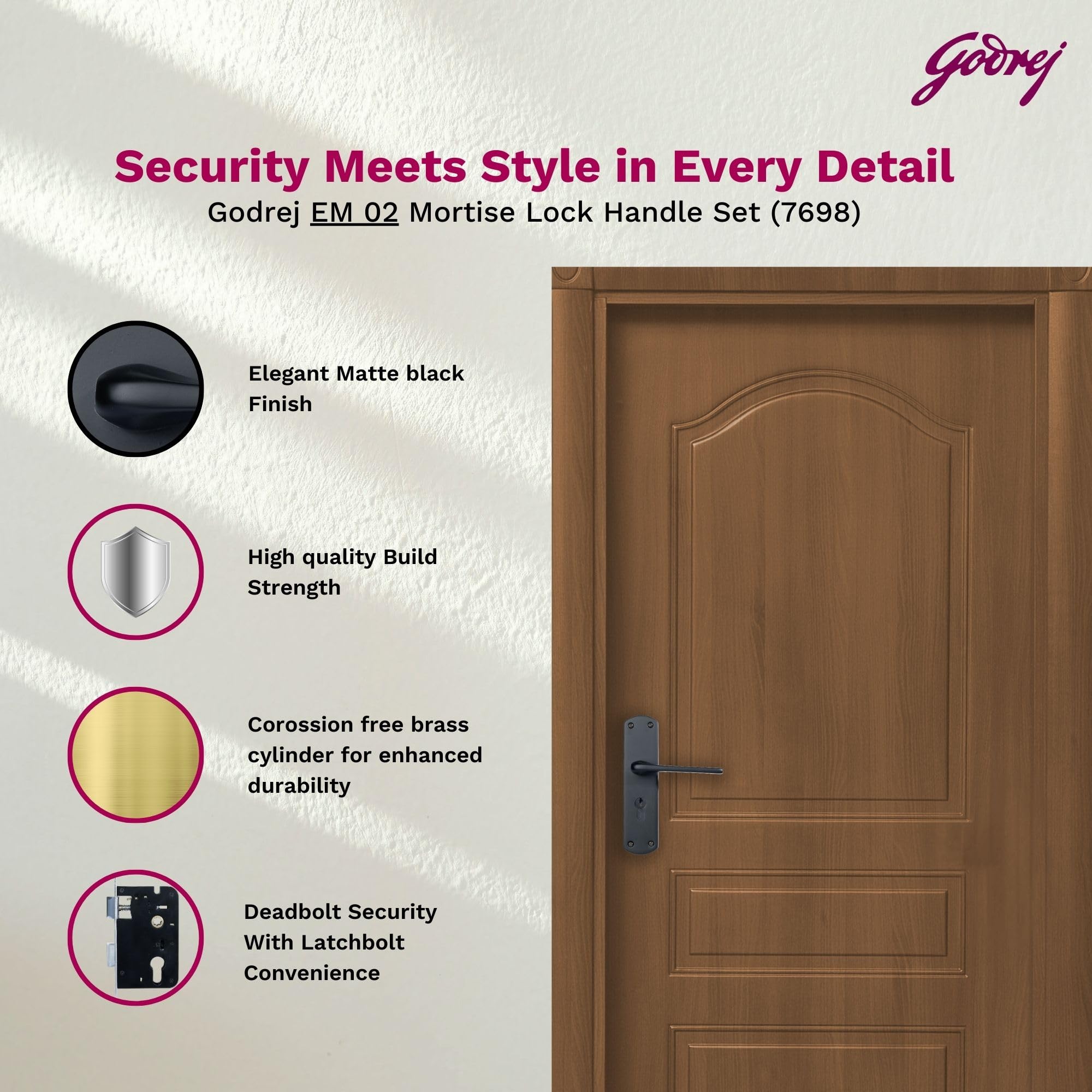 Godrej Mortise Lock I Handle Set 1CK EM02 I 6-Lever Lock I 3 Keys I Double Throw I 5" Handle I Left/Right Handed Door Operation| for Office & Internal Doors | Antique Brass Finish I 5 Year Warranty 1