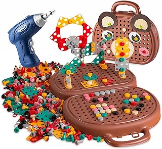 Magic Montessori Play Toolbox with Drill, 203Pcs Magic Montessori Play Toolbox Bear-Themed, 2D/3D Creativity Tool Box Mont...