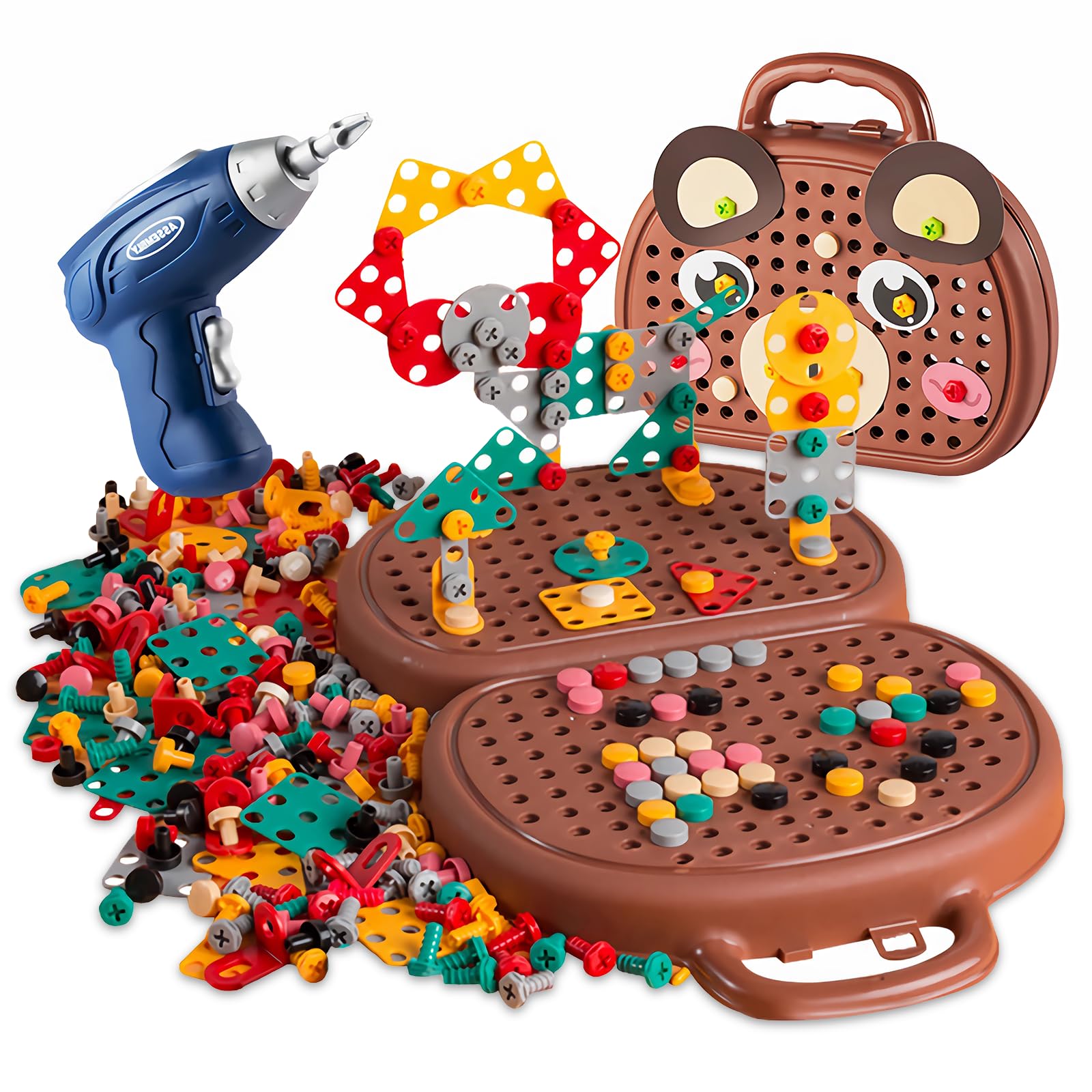 Boîte à Outils Montessori 205 Pièces Avec Perceuse – Puzzle Mosaïque – 2D/3D – Dès 3 Ans – Jeu De Construction Créatif