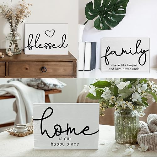 Miniatura 24 de Jetec 3 letreros de madera rústica con texto en inglés "Family Home Blessed", mini letrero decorativo de madera para decoración de mesa de granja