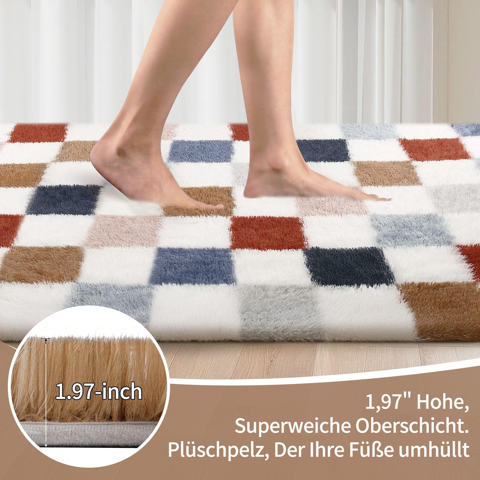 Sour Lemon Hochflor Teppich Wohnzimmer 240x300cm, Großer Flauschiger Carpet | Kinderzimmer Teppiche Gegend, Waschbarer Teppich Schlafzimmer Antirutsch, Weich Bunt Kariert, Mehrfarbig Schachbrettmuster