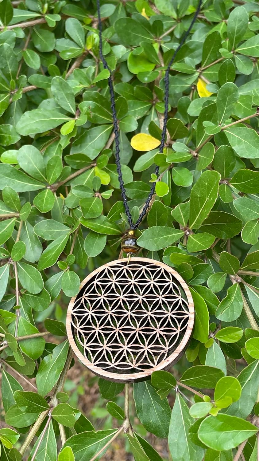 Flower of Life Abundance Pendant Necklace, Wooden Sacred Geometry pendant with Tiger Eye Natural Stone Bead by Goa Laser Factory