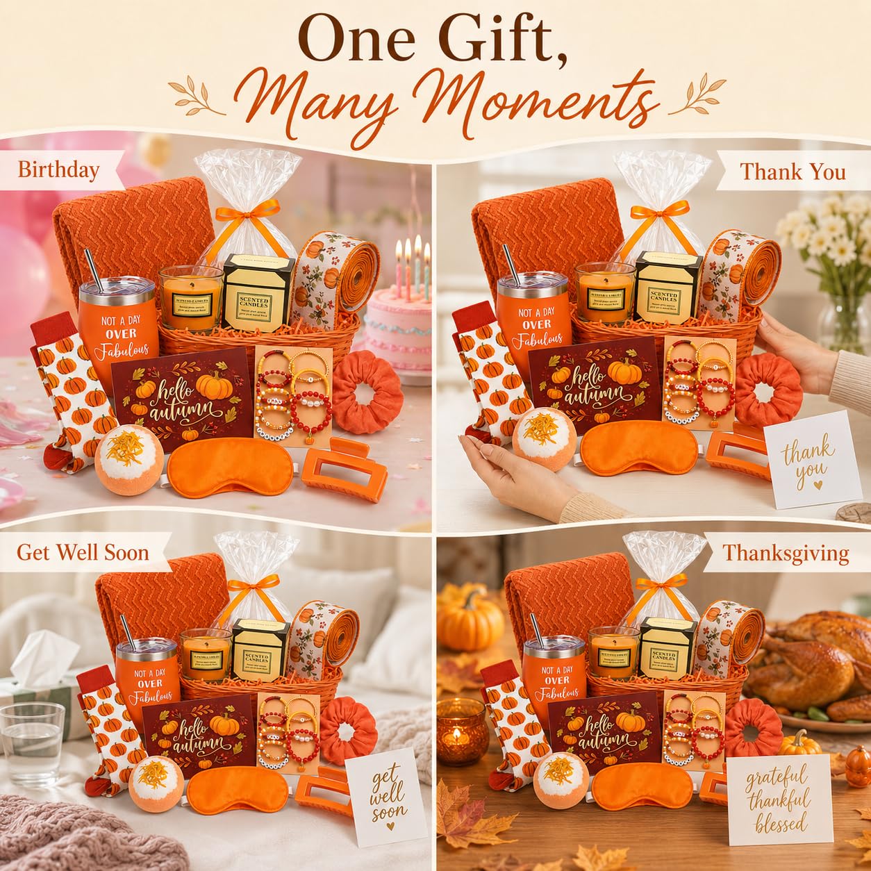 Oranger Herbst-Geschenkkorb für Damen, gemütlich, selbstpflegend, 13 Stück