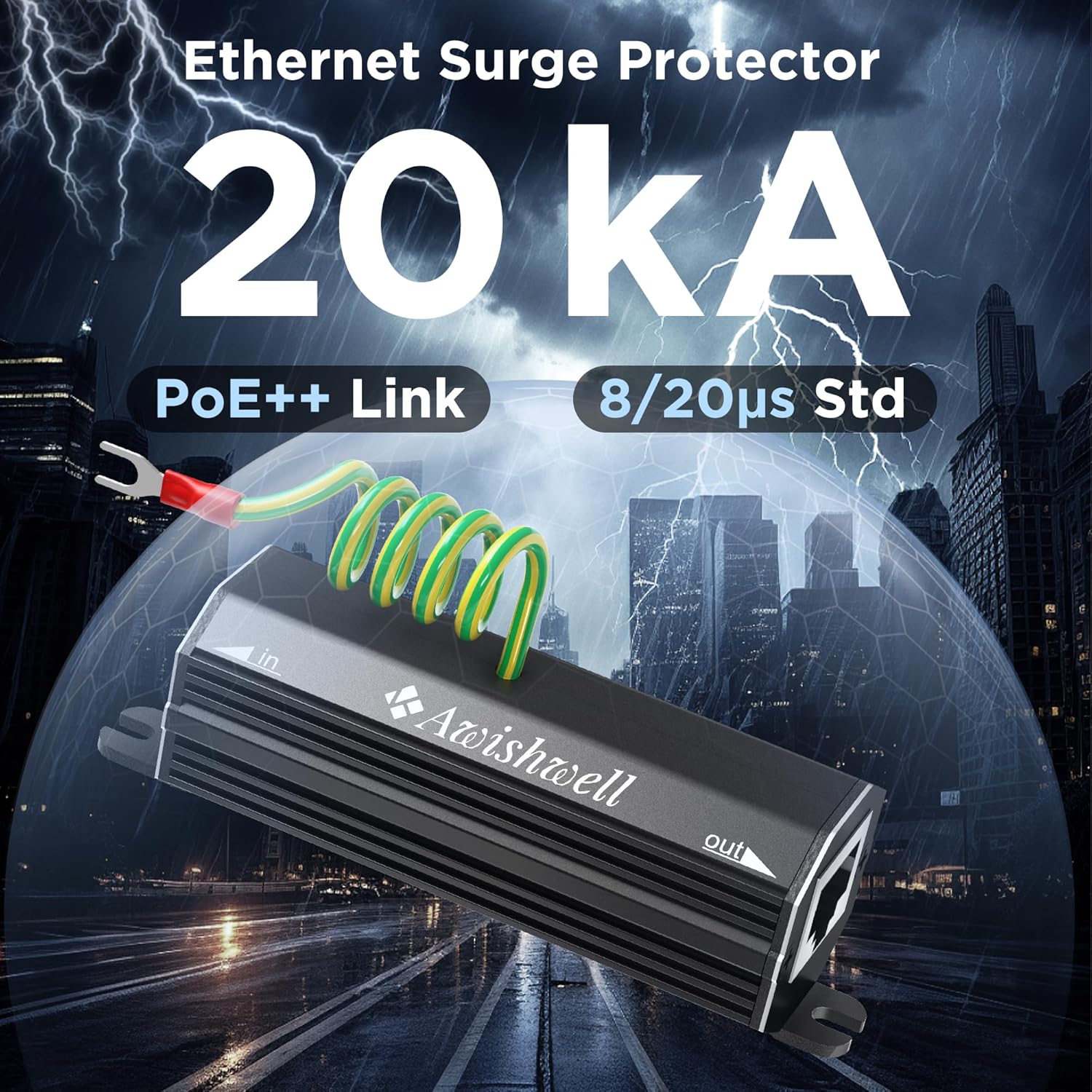 Ethernet Surge Protector Gigabit, 1 Pack PoE++ RJ45 Surge Protector 1000Mbps, 20KA Metal Shielded Lightning Arrestor LAN Network CAT5/CAT6 Thunder Arrestor-Mounting Flange