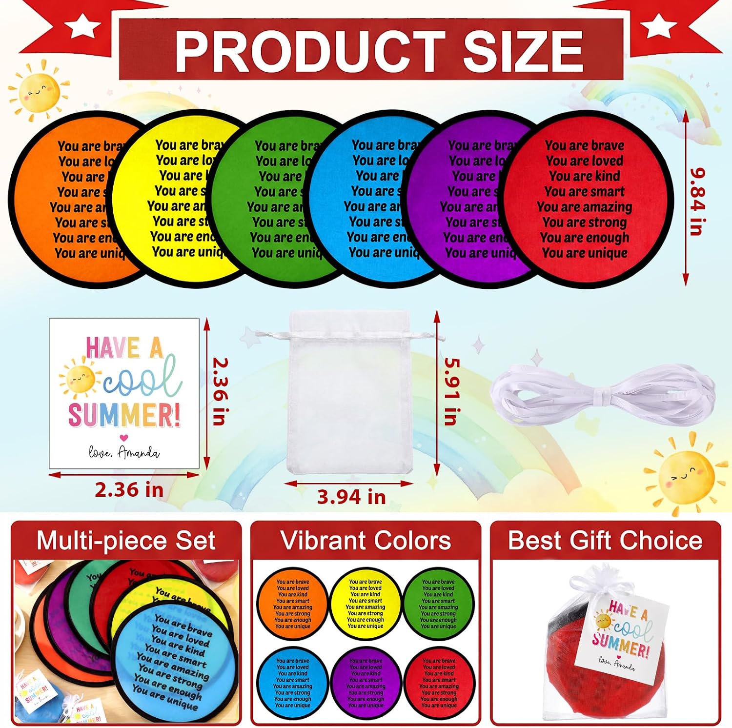 Novabright 48 Sets End of School Year Student Gifts from Teacher 9.8'' Inspirational Foldable Flying Disc Fans with Bags Greeting Cards Organza Bags Summer Activities Graduation Reward Supply