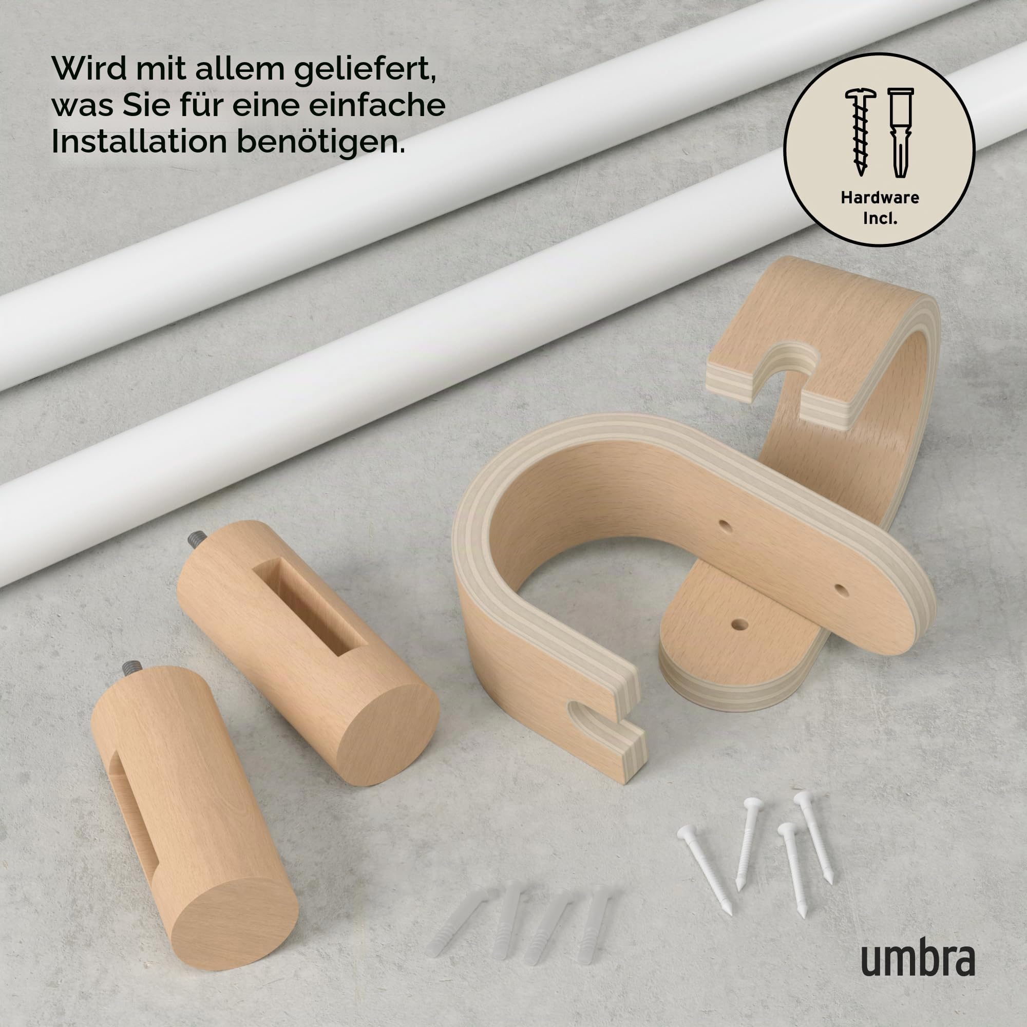 Umbra Bellwood Gardinenstange, Ausziehbar, 107-305 cm, D25mm, Weiss/Natur | Stahl mit Holzendstücken, Komplettes Set mit Wandhalterung und Befestigungsmaterial, belastbar bis 10 kg, einfache Montage