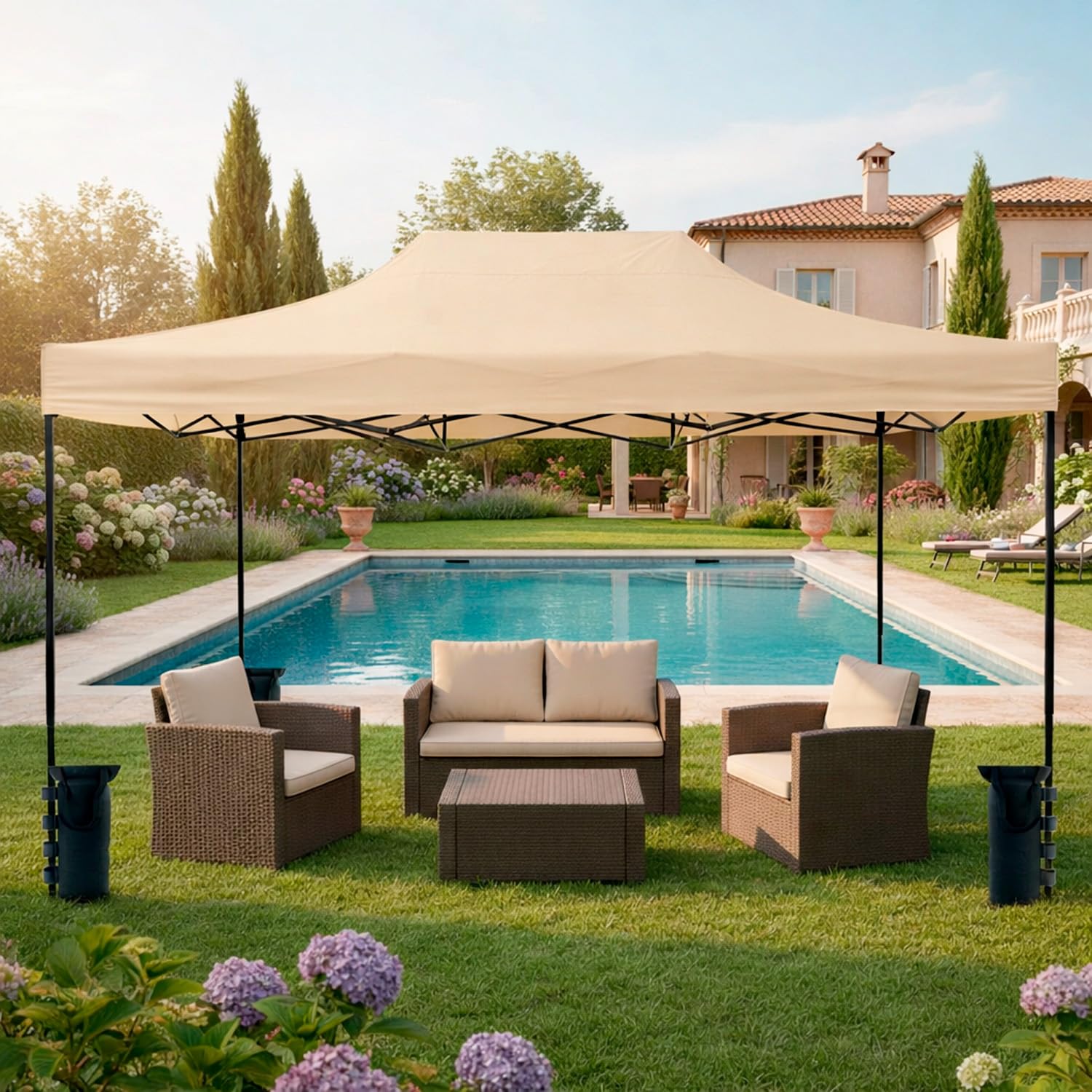 Gazebo Professionale 3x4.5 M Richiudibile Automatico In Acciaio Con Telo Oxford 1200D PVC Impermeabile e Anti UV Struttura a Fisarmonica con Sacche Zavorra e Borsa Trasporto Sagre Feste (Beige)