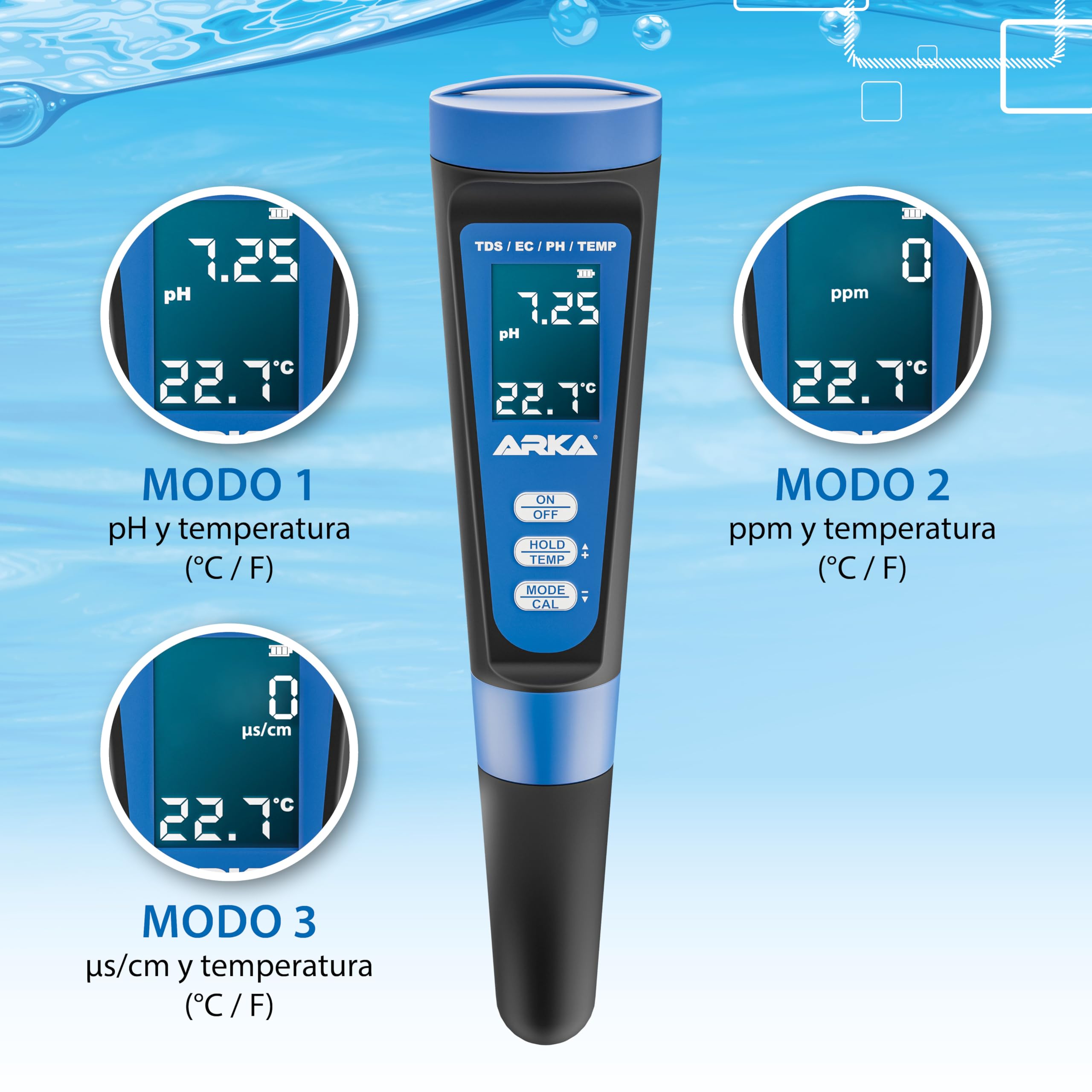 ARKA myAQUA medidor de pH/TDS/EC - medidor de la Calidad del Agua para pH, TDS, EC y Temperatura, Incl. solución de calibración, Ideal para acuarios, Piscinas, estanques y Agua Potable