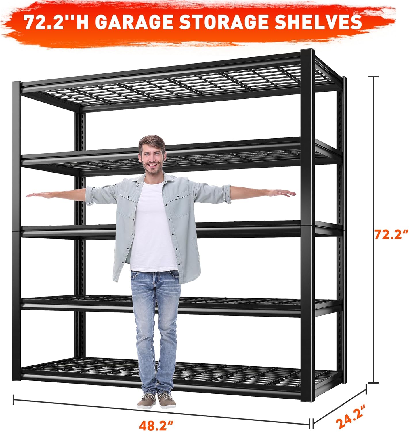 REIBII 48.2''W Garage Shelving Heavy Duty Metal Shelving 3000LBS Storage Shelves Adjustable Metal Shelves 5 Tier Garage Shelf for Basement Pantry Warehouse Supermarket 48.2" W x 24.2" D x 72.2" H