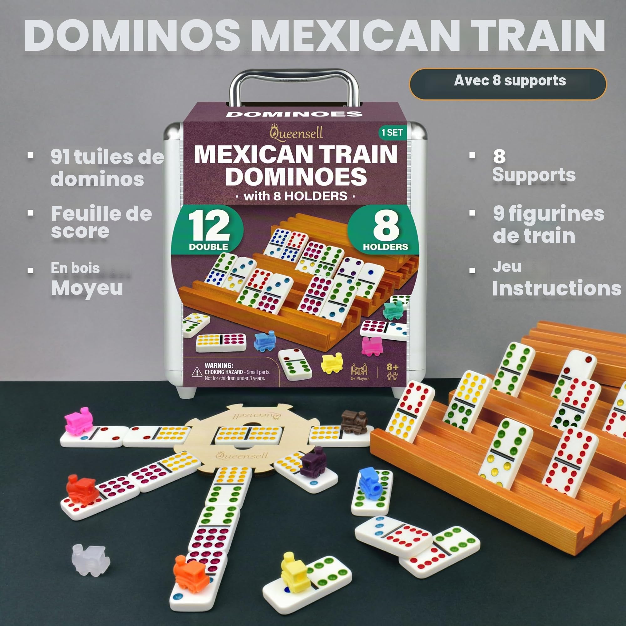Queensell Ensemble de dominos mexicains avec 8 supports – Hub en bois et supports de carreaux – Double 12 carreaux avec pois (D12 + 8 supports)