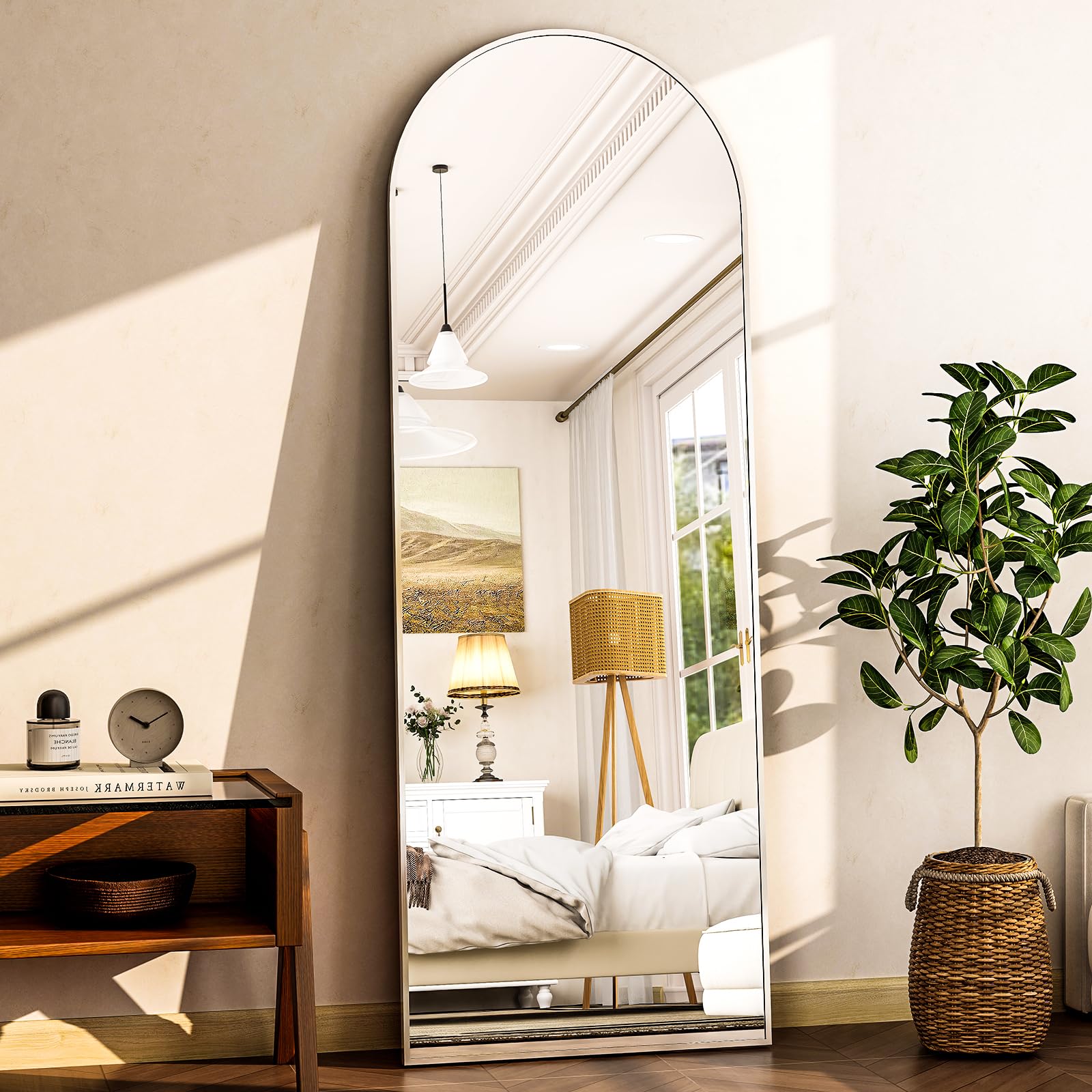 harritpure 64"x21" arched full length mirror free standing floor mirrors leaning hanging mounted mirror aluminum frame modern home decor for living room bedroom cloakroom,silver