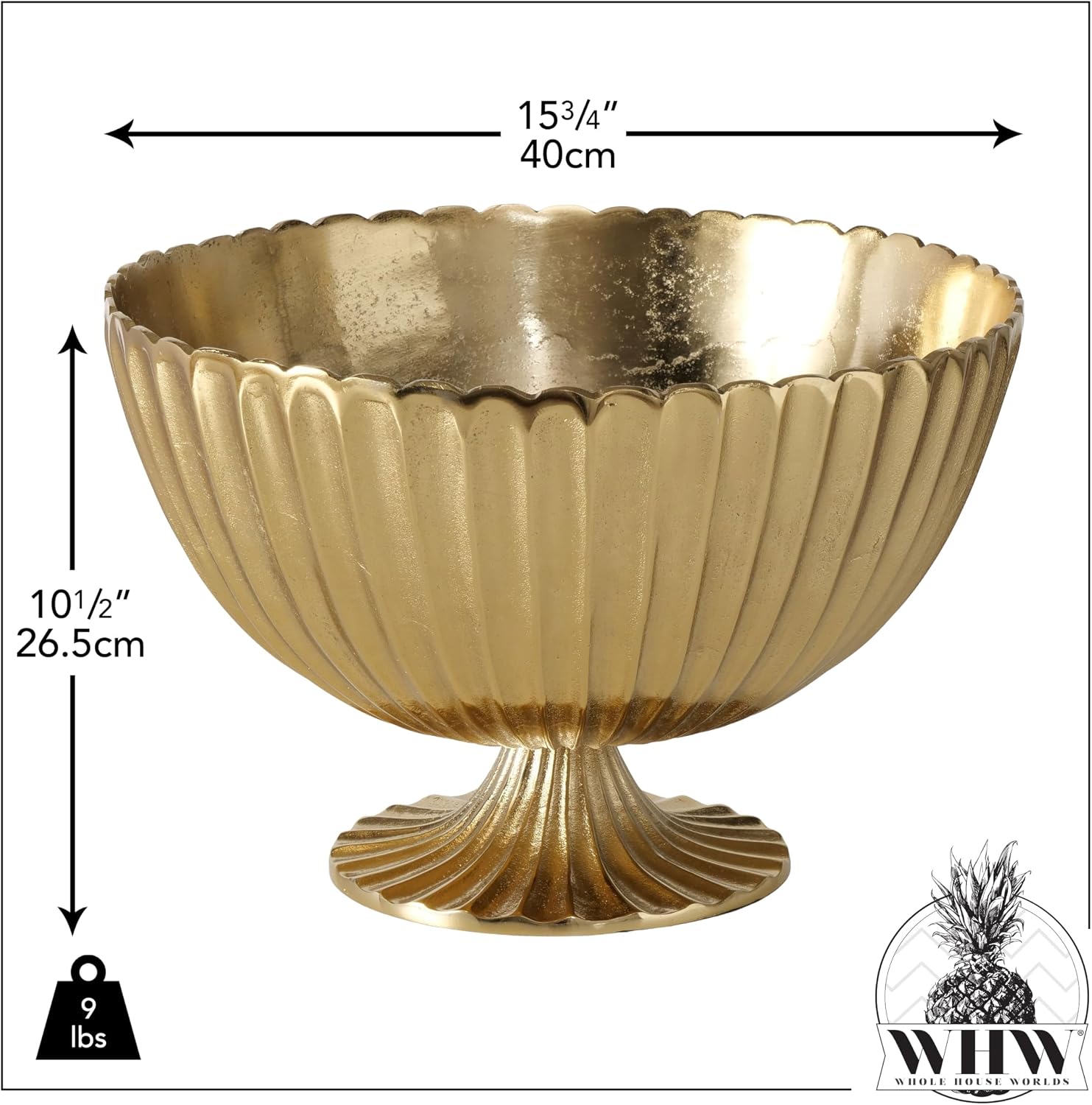 Large Luxury Champagne Bucket, Wine Cooler, Handcrafted, Coupe Shape, Scallop Edge, Fluted, Glam, Gold Finished Aluminum, 15.75 Inches Diameter, 3.17 Gallons/12 Liters Fluid Capacity