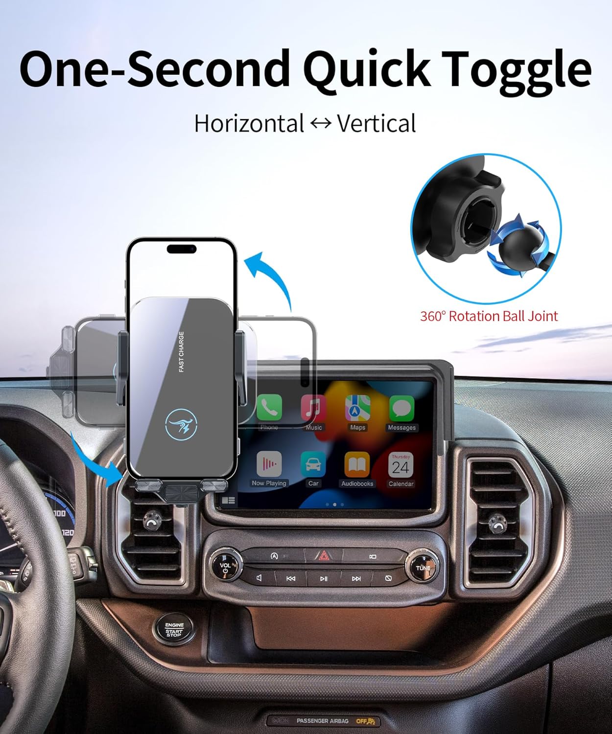 15W Wireless Fast Charger for Ford Bronco Sport 2021-2024 Accessories 8-inch Screen Fixed Clip,Auto Accessories Navigation Bracket, Interior Decoration Mobile Phone Mount, 360° Rotation