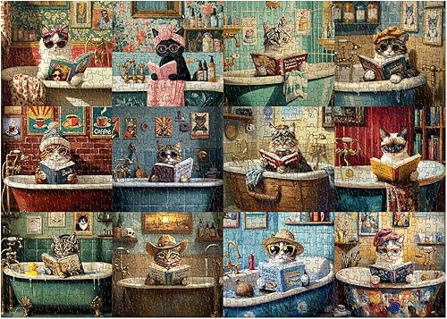 Rompecabezas vintage de 1000 piezas para adultos, divertido rompecabezas de animales de gatito que recoge 12 lecturas de gatos en baños retro,