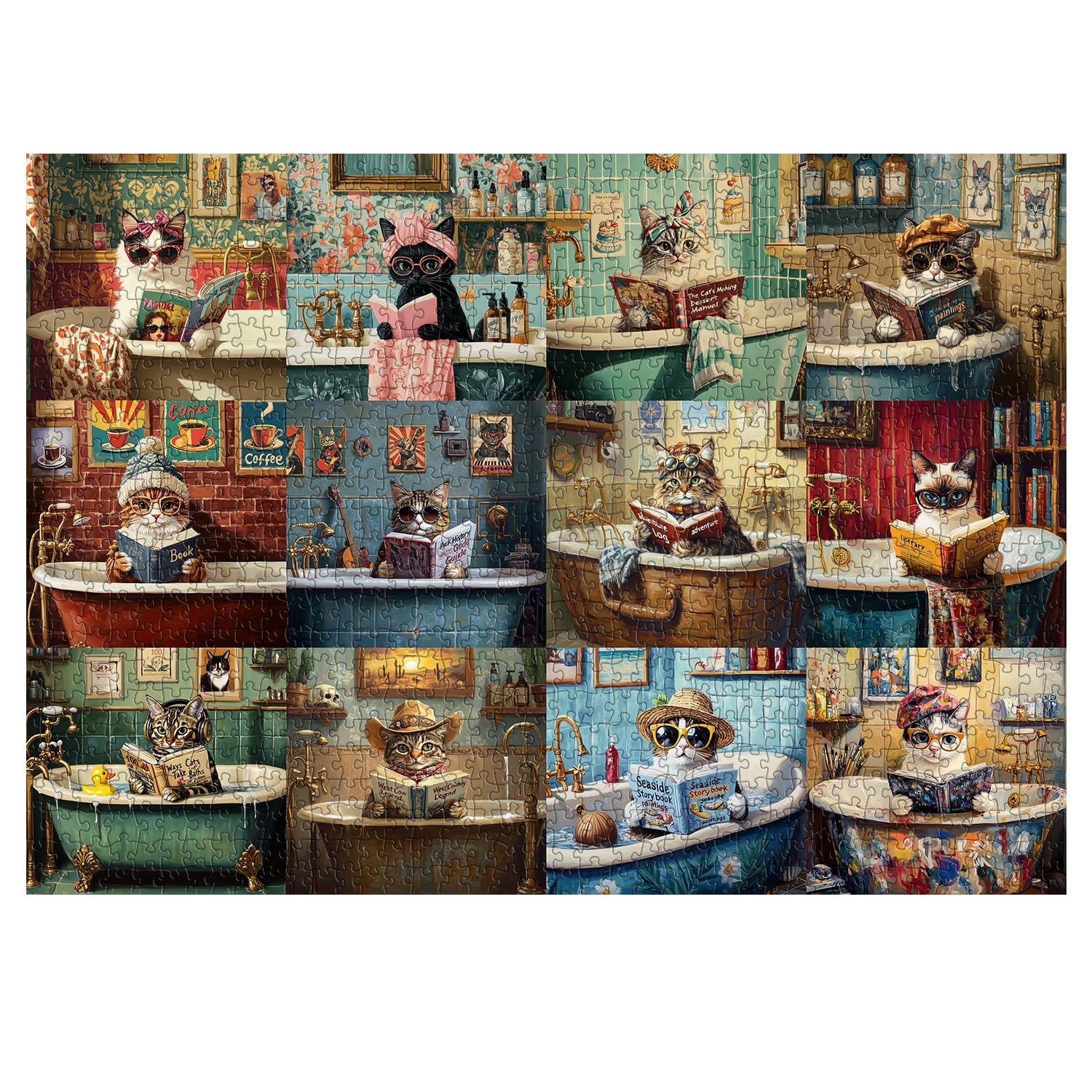 Vintage Cat Jigsaw Puzzle - 1000 Pieces Funny Kitten Bathroom Reading Scene Puzzle For Adults & Cat Lovers