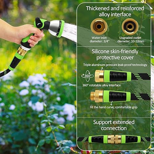 Miniatura 3 de Manguera de jardín no expandible de 100 pies, manguera de agua flexible con boquilla rociadora de 10 funciones, ligera, sin torceduras, manguera de