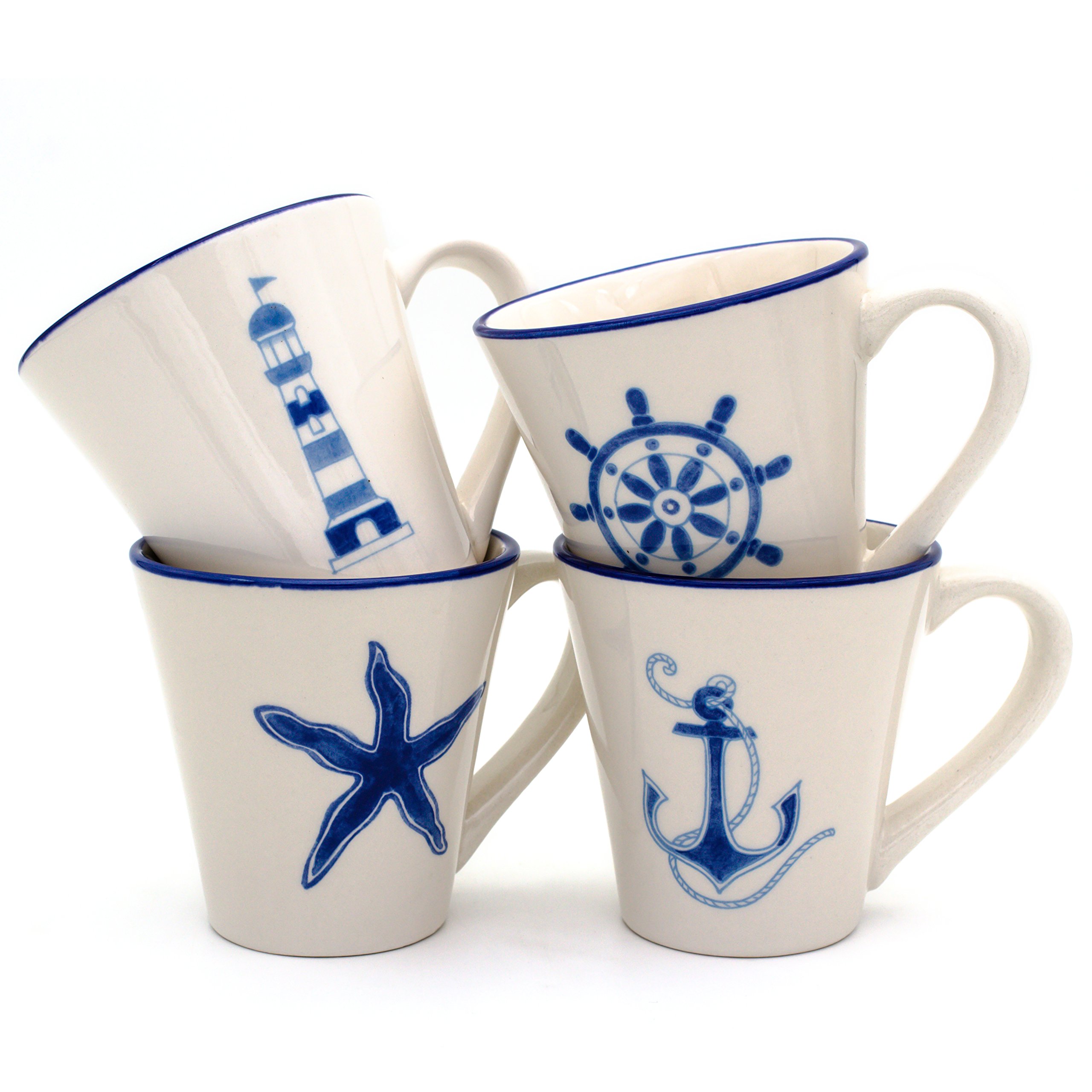 Euro CeramicaAhoy Collection Nautical Ceramic Coffee/Tea Mugs, 13.5oz, Set of 4, Assorted Designs, Blue & White