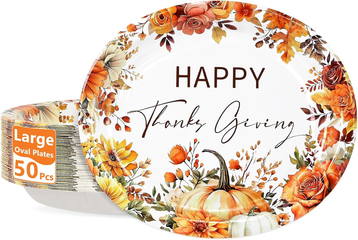 LANLISA 50 Thanksgiving Paper Plates Disposable, 10" X 12.5" Heavy Duty Oval Plates Dinnerware for Thanksgiving Dinner