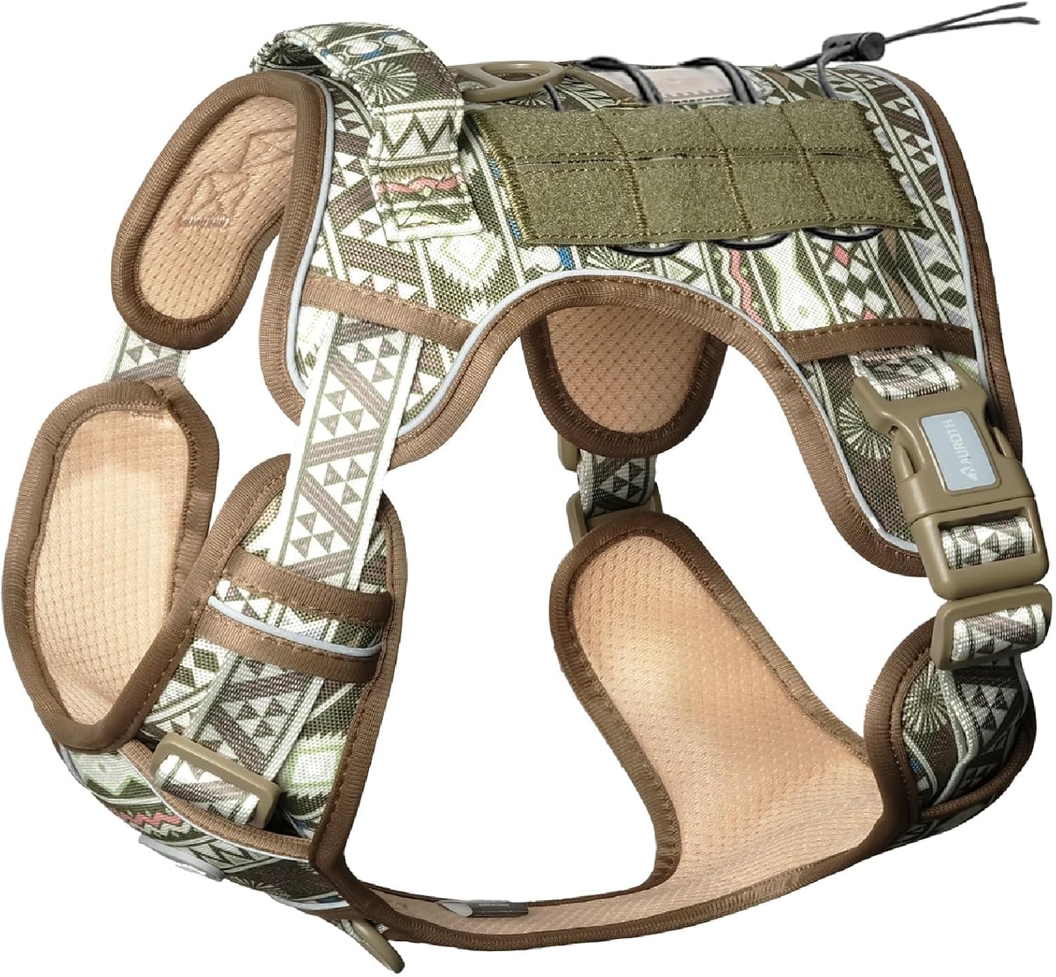 AUROTH Tactical Dog Harness for Large Dogs No Pull Adjustable Pet Harness Reflective K18 Working Training Easy Control Pet Vest Military Service Dog Harnesses S(Neck:14-21",Chest:20-31"),18-35 lbs Tribal Patterns-Green