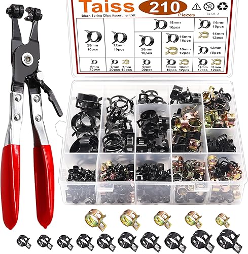 Taiss Juego surtido de 210 abrazaderas de manguera de banda de resorte de 0.236 a 0.866 pulgadas con alicates giratorios de abrazadera de manguera