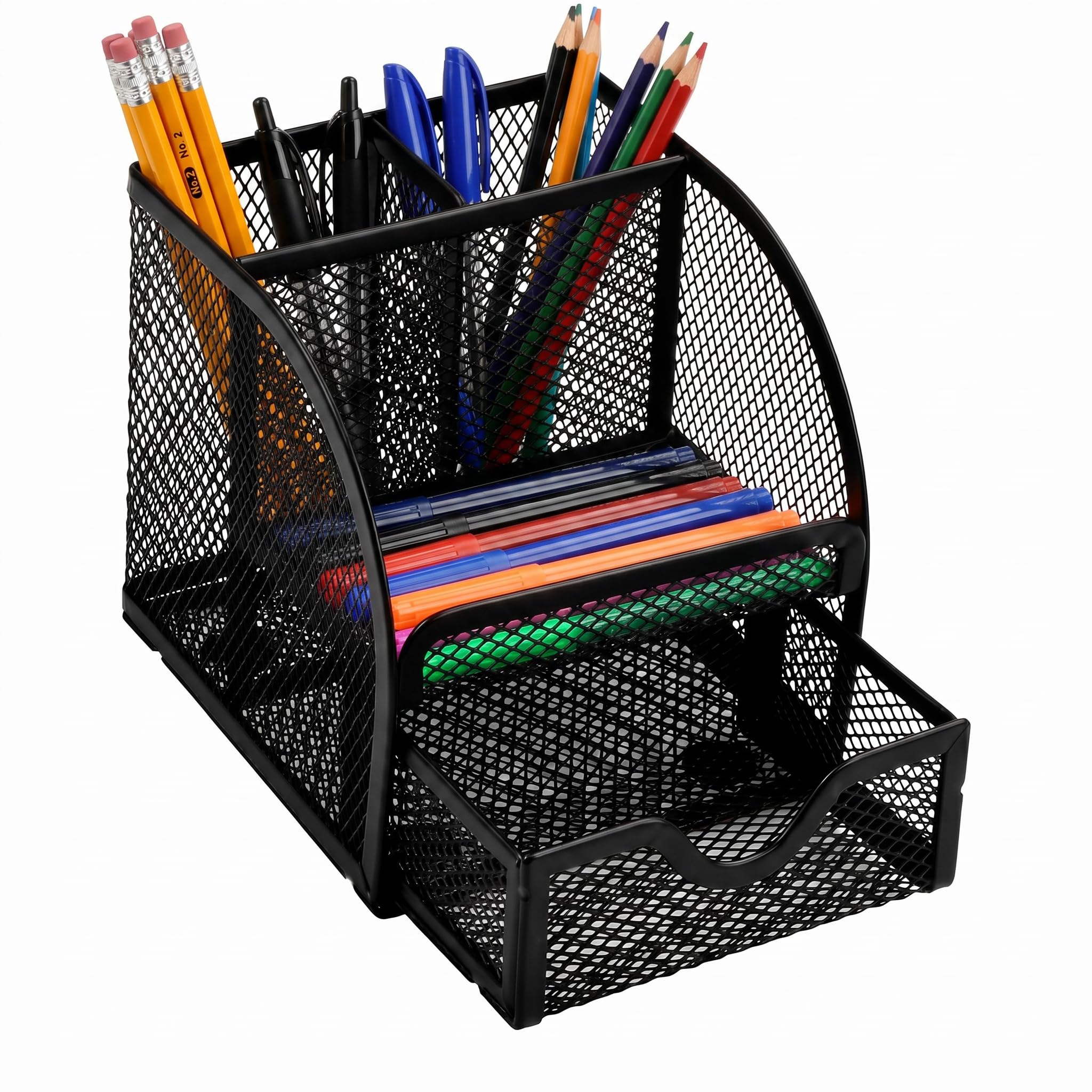 Kemay Mesh Desk Organiser and Pen Holder for Desk, Multifunctional Office Desk Tidy with 4 Compartments and Sliding Drawer, Stationery Storage Caddy for Home School Office (Black)