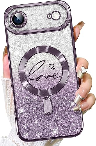 Vista 377 de Fiyart - Funda transparente magnética con purpurina para iPhone 12 para mujeres, con grabado "Love" metálico, protección para cámara y antigolpes
