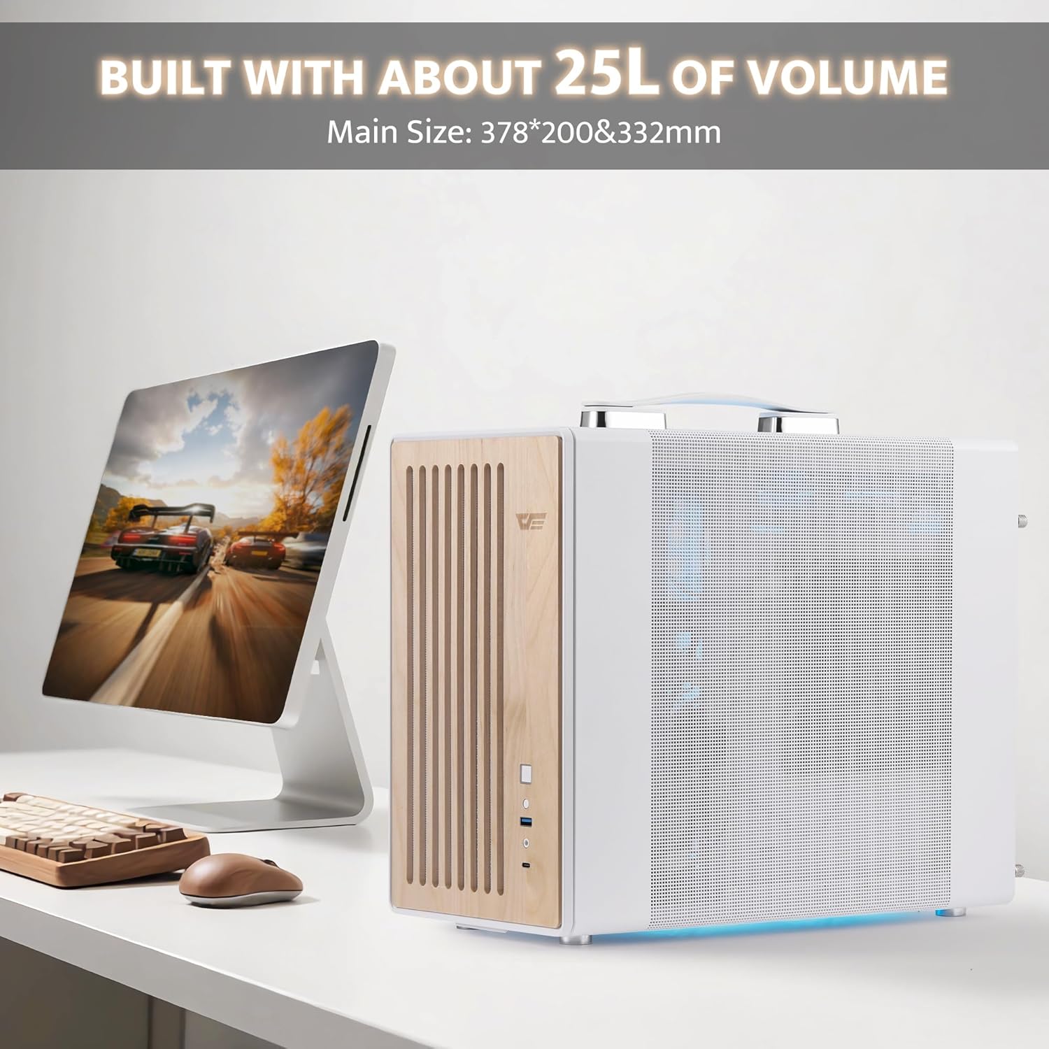 darkFlash WD200(2025) Portable Micro-ATX PC Case with Handle, 1 ARGB PWM Fans, with Walnut Wood, Type-C, Support 240 AIO, H165mm Cooler, Simple Compact Desktop (White)