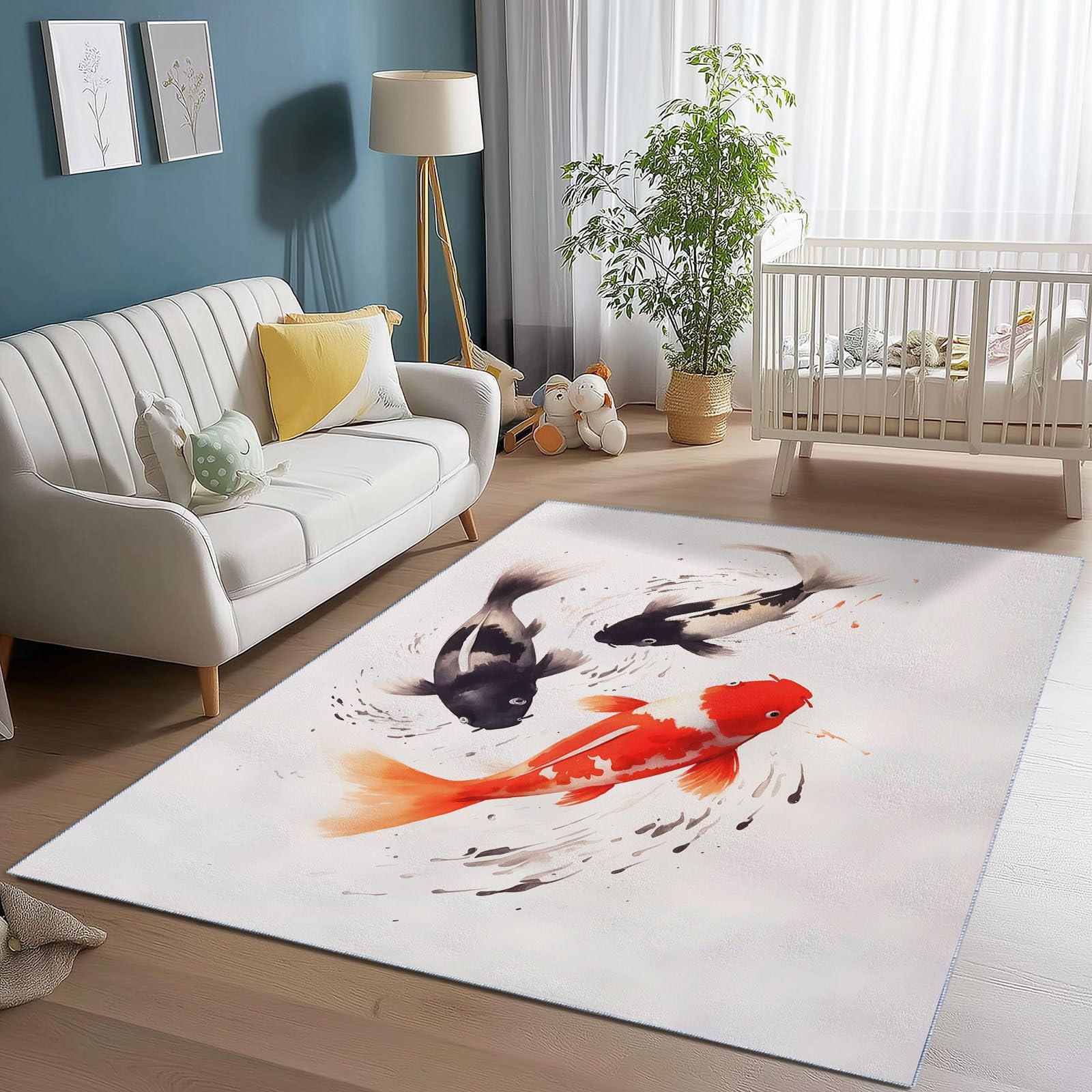 Tapis de Salon 140 x 200 cm – Antidérapant, Doux et Épais Lavable en Machine, Motif Lavis À L'Encre De Chine Poisson – Tapis de Sol pour Chambre, Salle de Séjour, Blanc