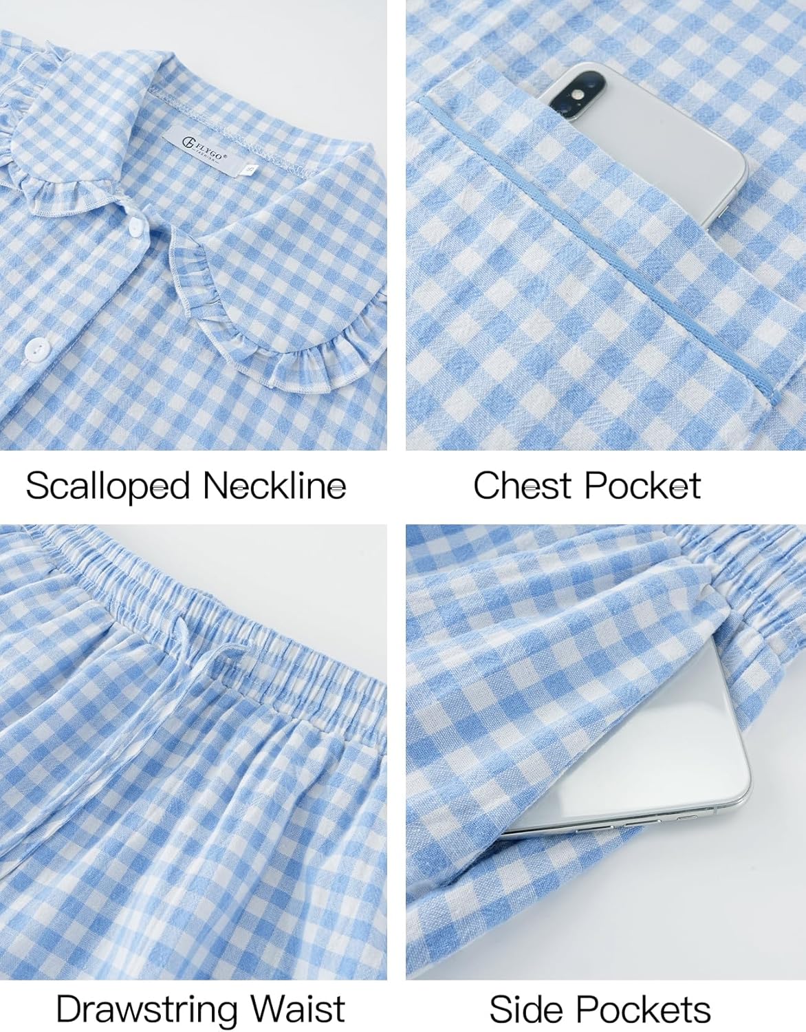 Flygo Gingham Pajama Sets for Women 2 Piece Lounge Set Button Down Cotton Babydoll Shirts Long Plaid Pants Y2K Pjs Sleepwear - Image 7
