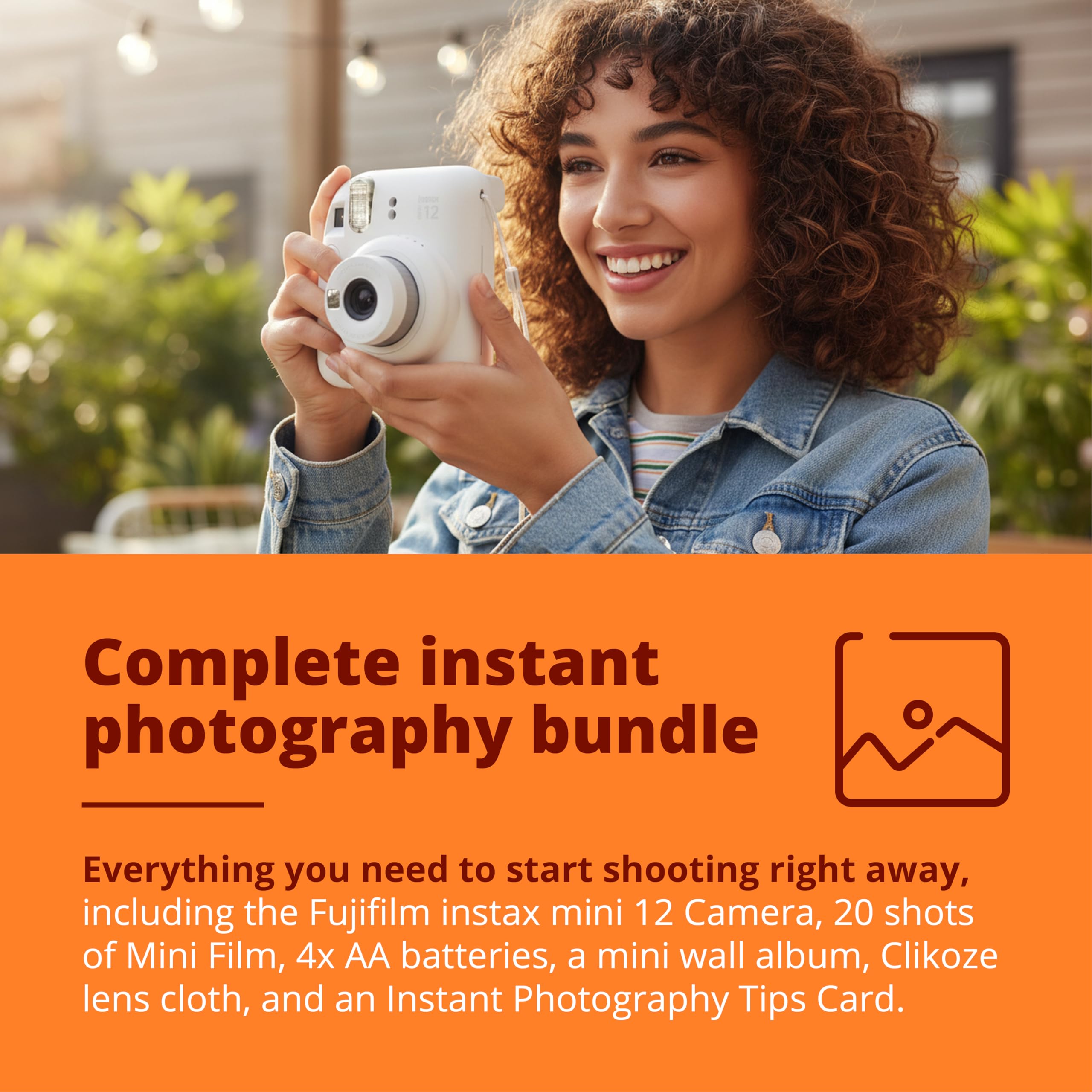 Instant Camera Bundle with Fujifilm Mini 12 Camera, Fujifilm 20 Shot Mini Film, 4 x AA Batteries, Wall Album, Clikoze Lens Cloth and Instant Photography Tips Card (White) — view 2